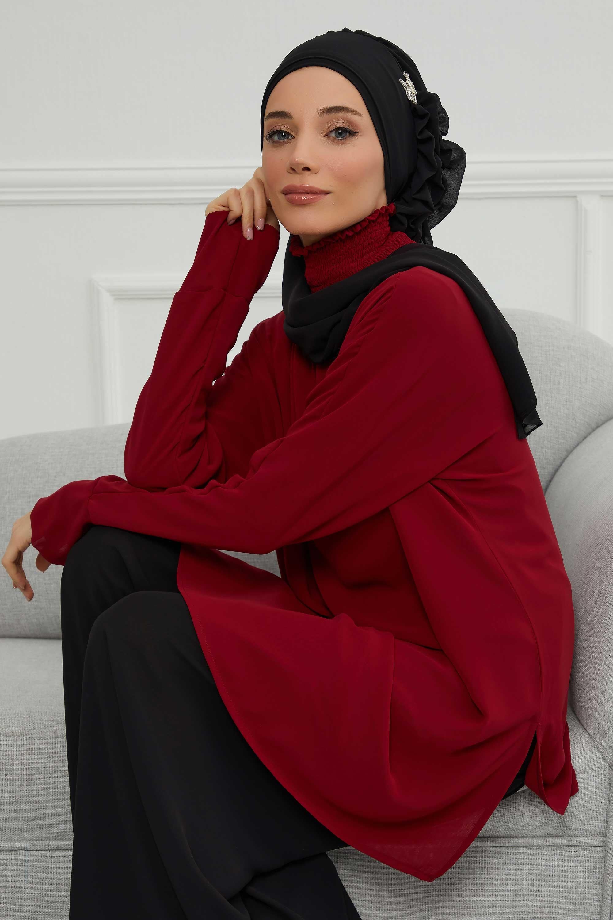 Elegant Chiffon Instant Turban with Sparkle Brooch, Pre-Tied Modest Headwrap for Women, Stylish Hijab Cap with Side Ruffle,HT-106 Black