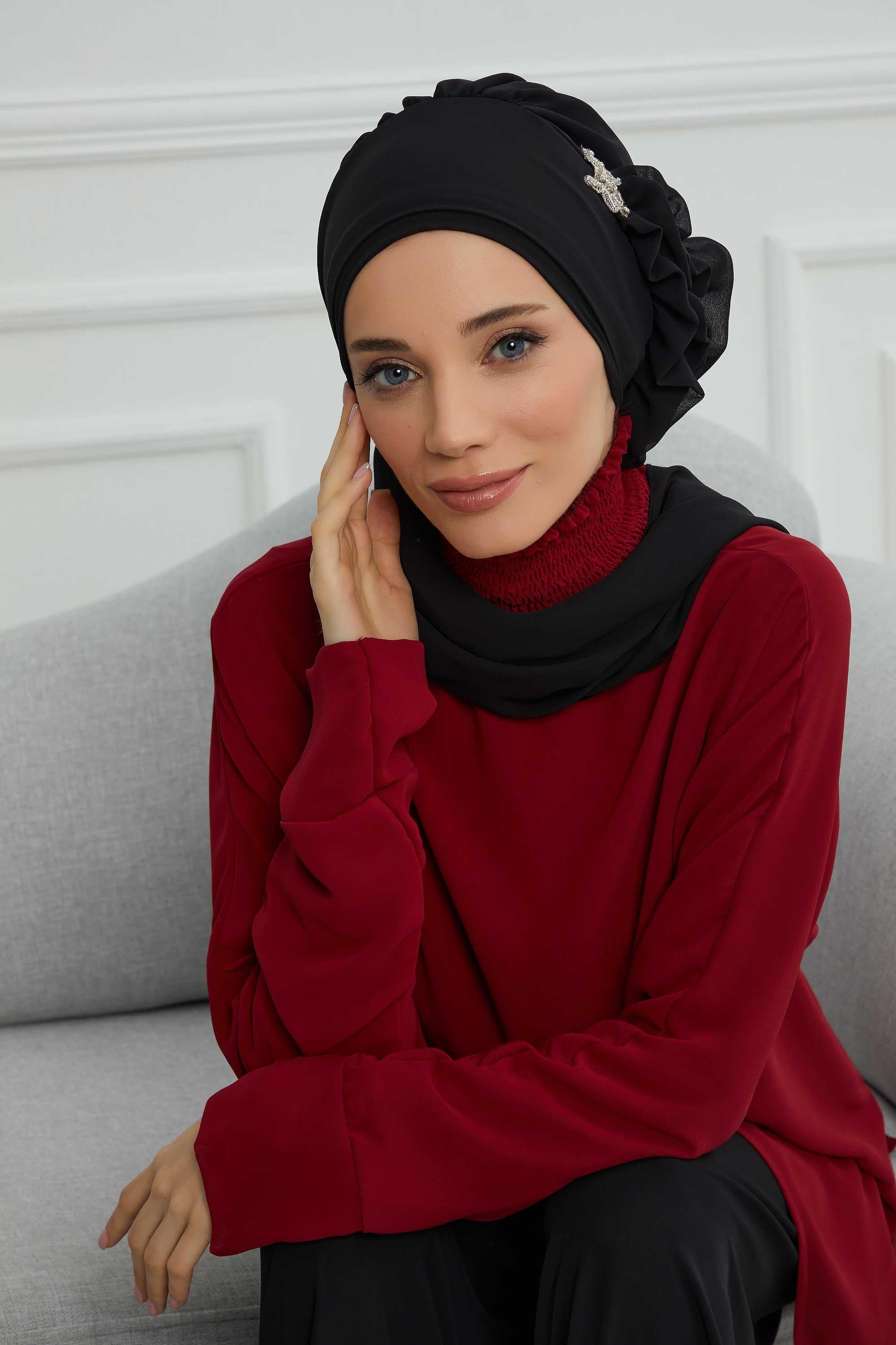 Elegant Chiffon Instant Turban with Sparkle Brooch, Pre-Tied Modest Headwrap for Women, Stylish Hijab Cap with Side Ruffle,HT-106 Black