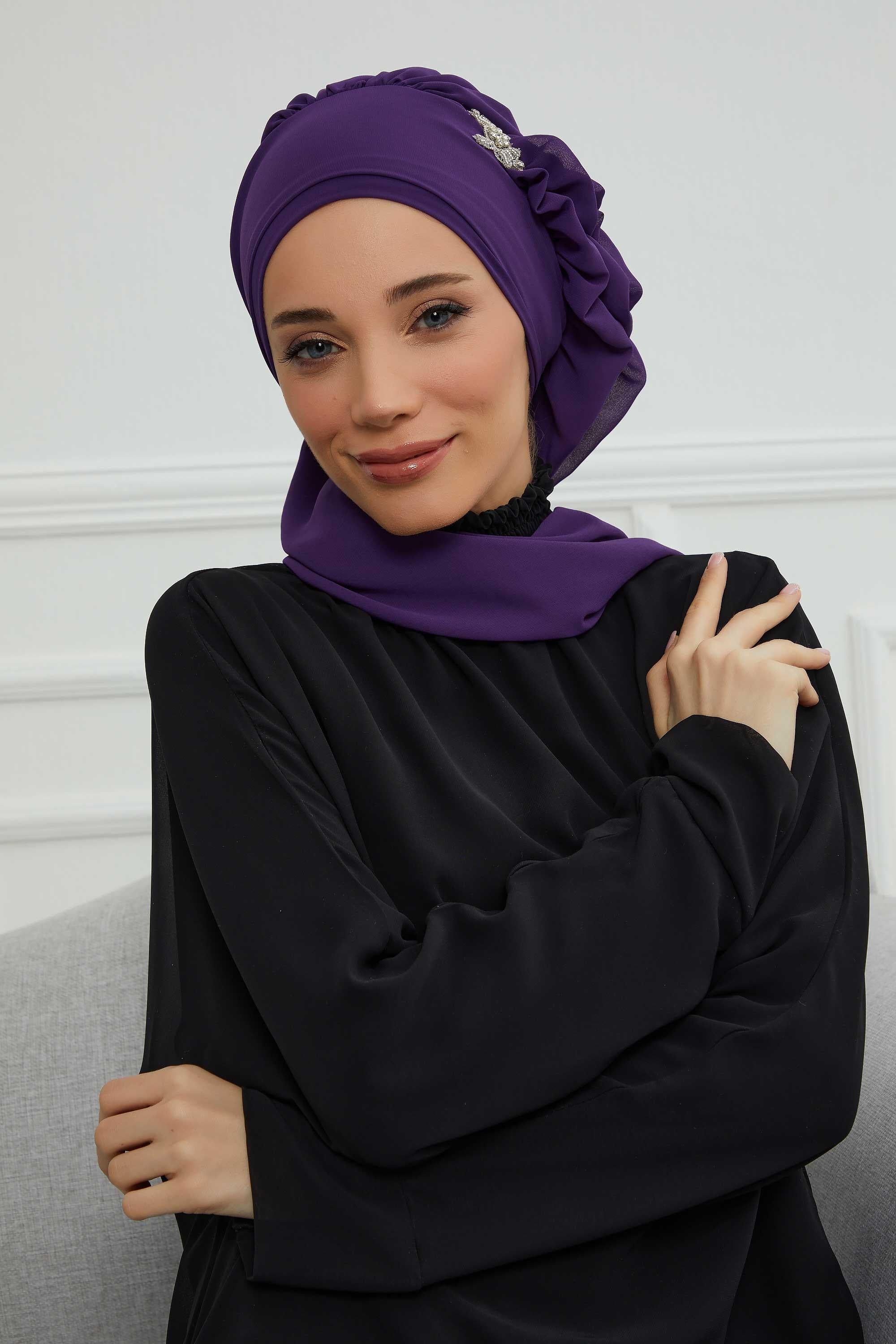 Elegant Chiffon Instant Turban with Sparkle Brooch, Pre-Tied Modest Headwrap for Women, Stylish Hijab Cap with Side Ruffle,HT-106 Purple