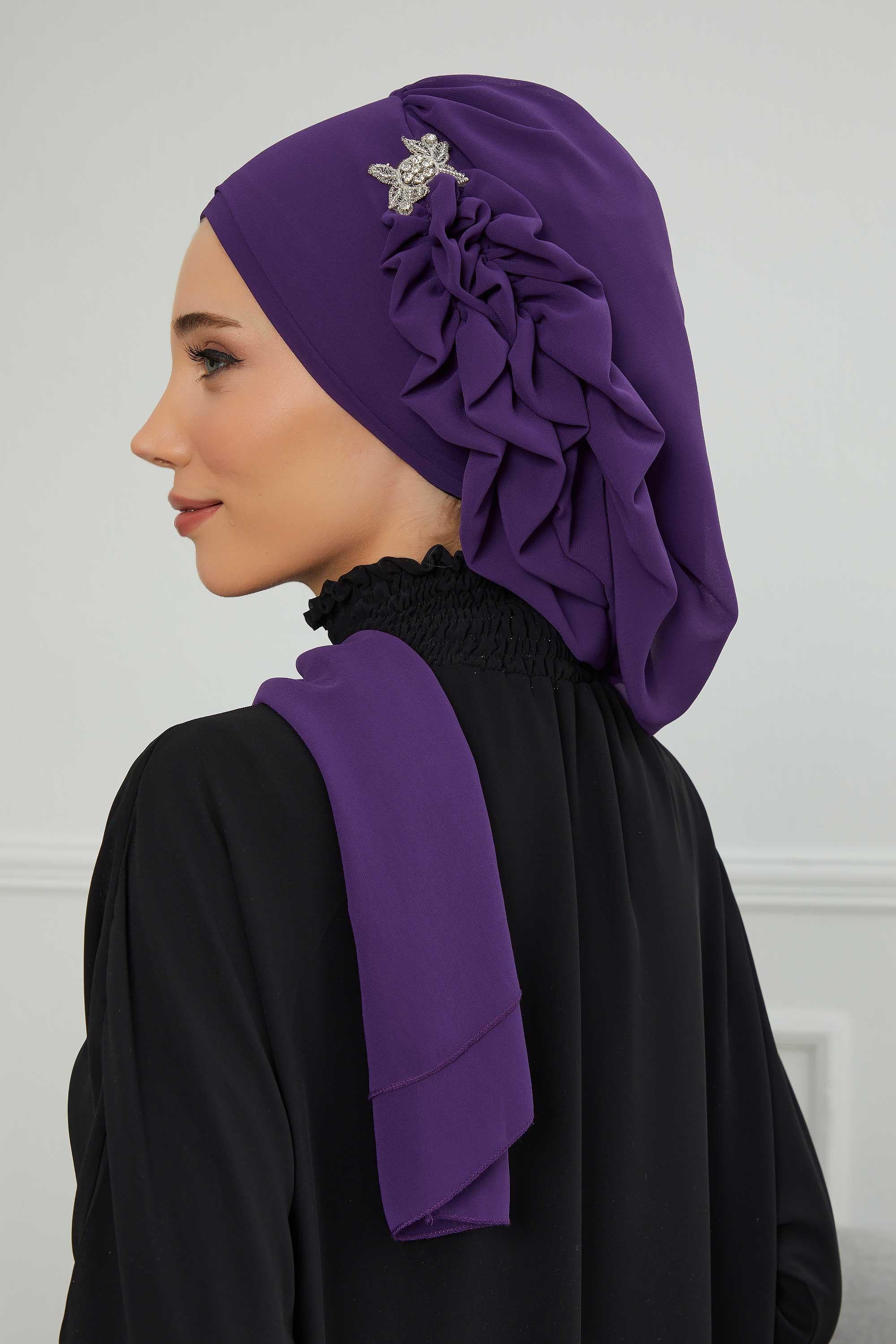 Elegant Chiffon Instant Turban with Sparkle Brooch, Pre-Tied Modest Headwrap for Women, Stylish Hijab Cap with Side Ruffle,HT-106 Purple