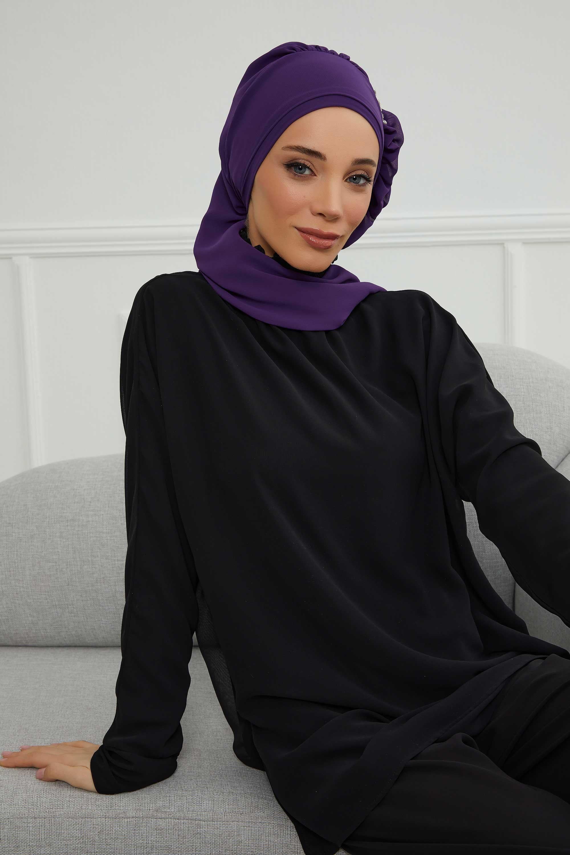 Elegant Chiffon Instant Turban with Sparkle Brooch, Pre-Tied Modest Headwrap for Women, Stylish Hijab Cap with Side Ruffle,HT-106 Purple