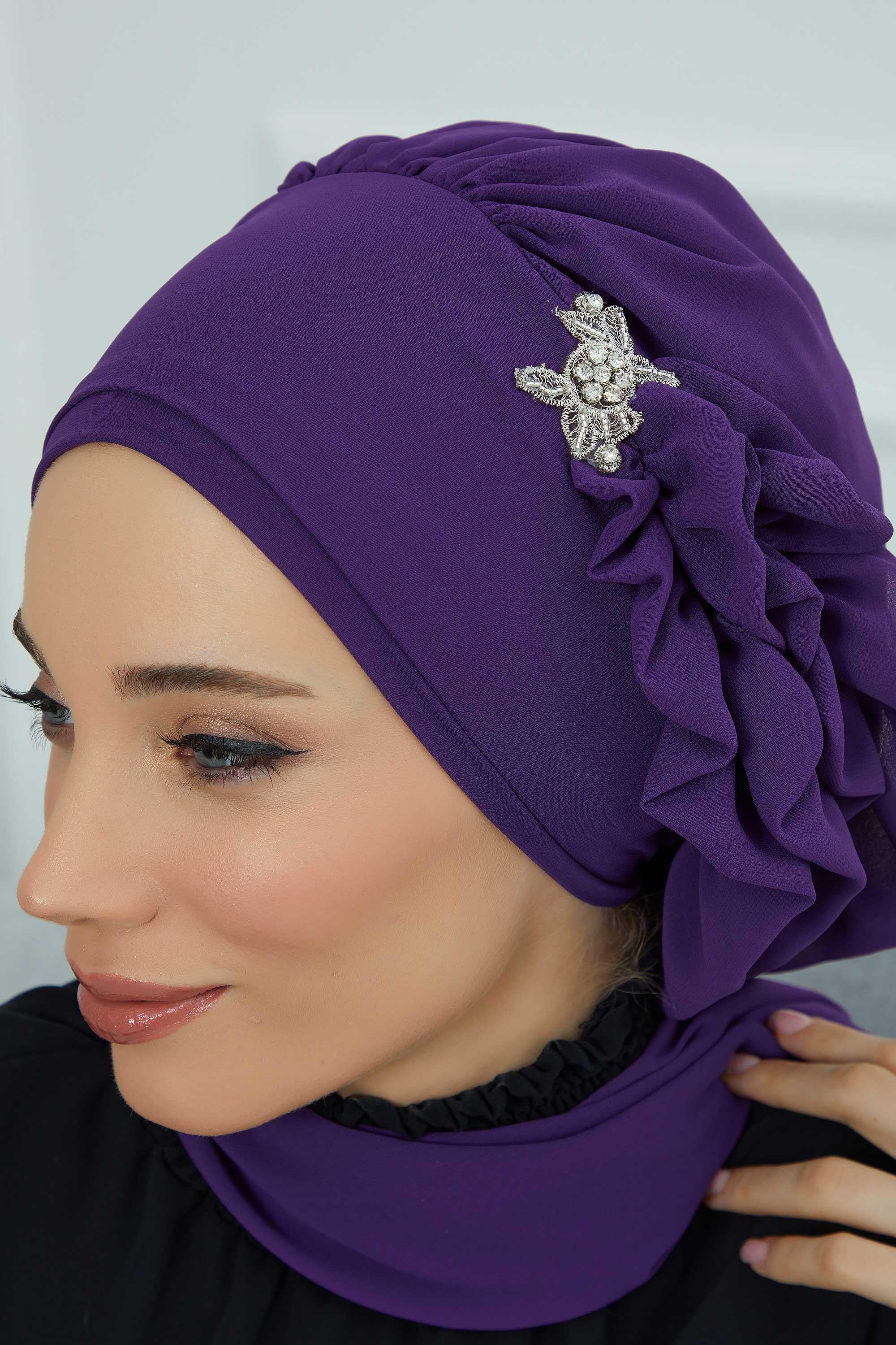 Elegant Chiffon Instant Turban with Sparkle Brooch, Pre-Tied Modest Headwrap for Women, Stylish Hijab Cap with Side Ruffle,HT-106 Purple