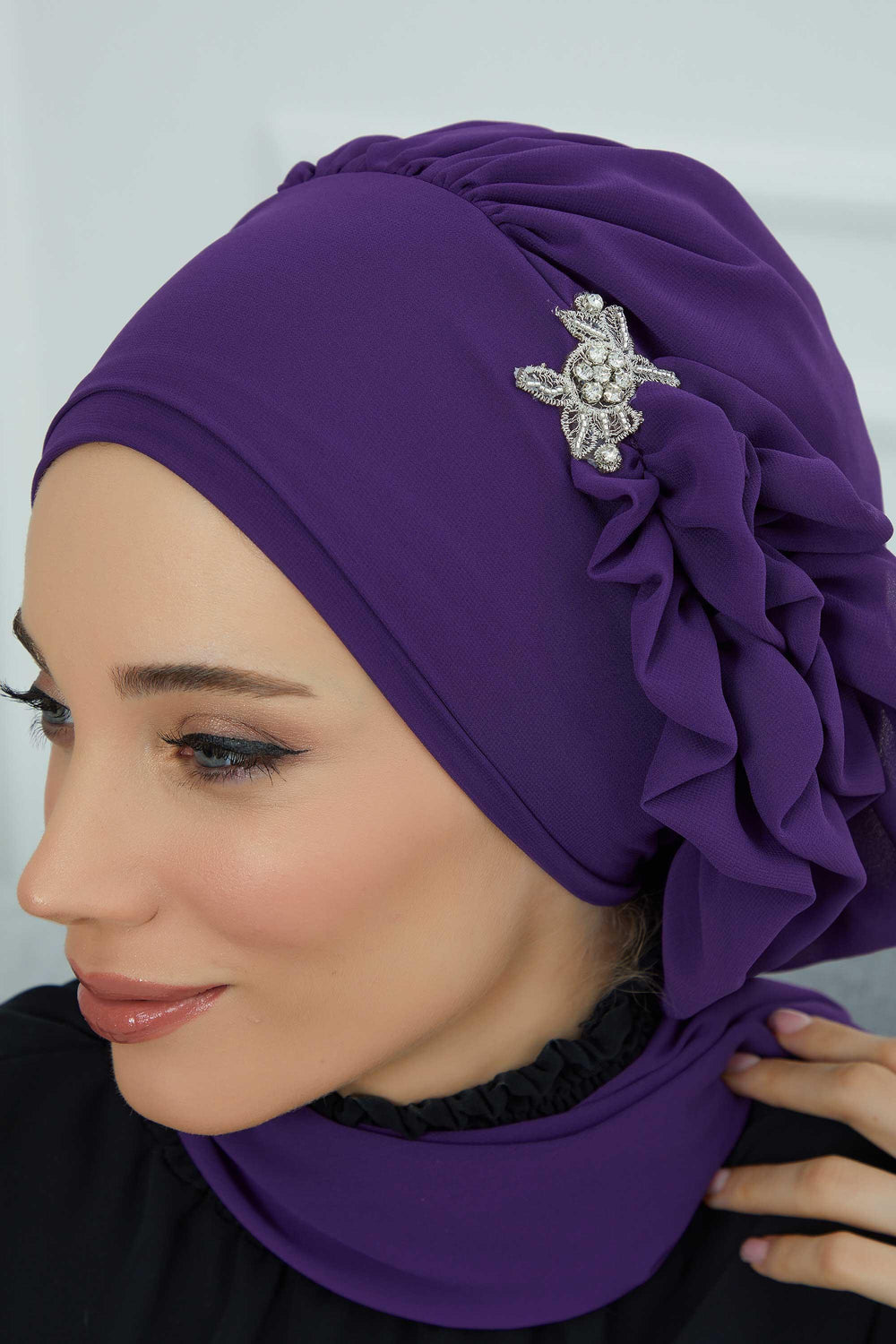 Elegant Chiffon Instant Turban with Sparkle Brooch, Pre-Tied Modest Headwrap for Women, Stylish Hijab Cap with Side Ruffle,HT-106 Purple