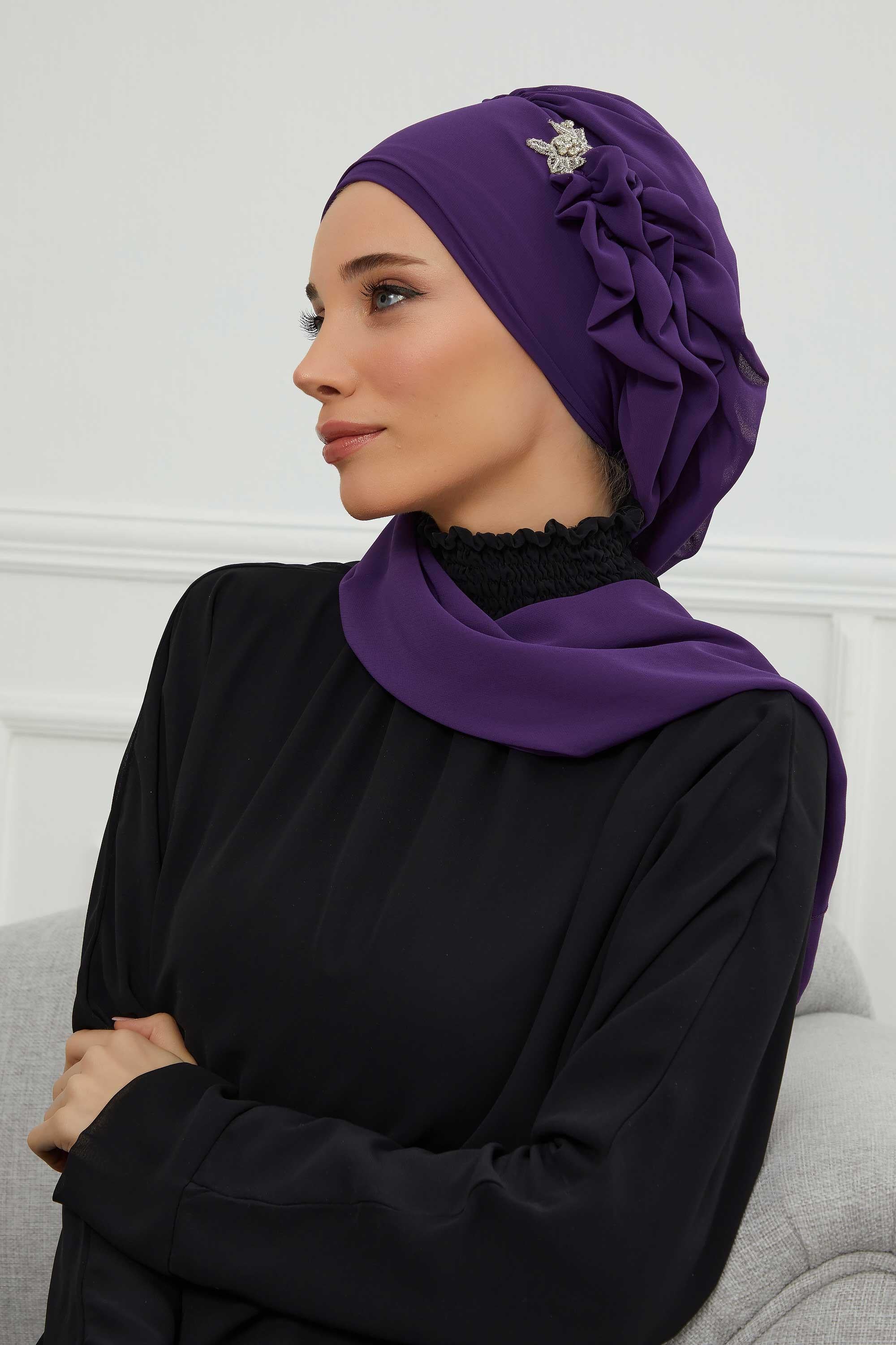 Elegant Chiffon Instant Turban with Sparkle Brooch, Pre-Tied Modest Headwrap for Women, Stylish Hijab Cap with Side Ruffle,HT-106 Purple
