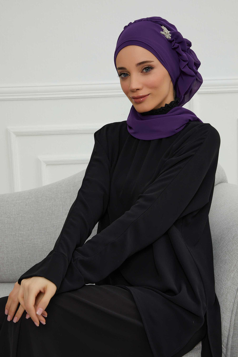 Elegant Chiffon Instant Turban with Sparkle Brooch, Pre-Tied Modest Headwrap for Women, Stylish Hijab Cap with Side Ruffle,HT-106 Purple