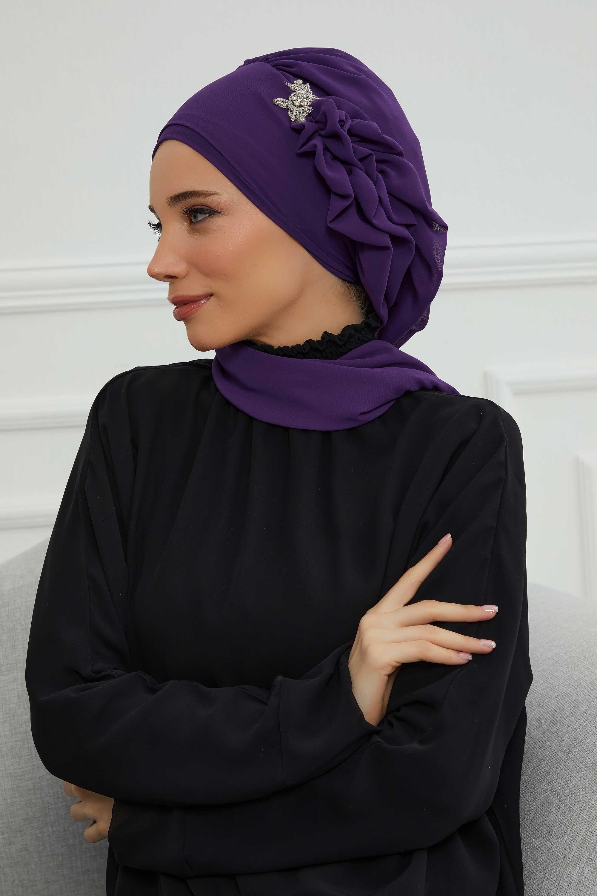 Elegant Chiffon Instant Turban with Sparkle Brooch, Pre-Tied Modest Headwrap for Women, Stylish Hijab Cap with Side Ruffle,HT-106 Purple