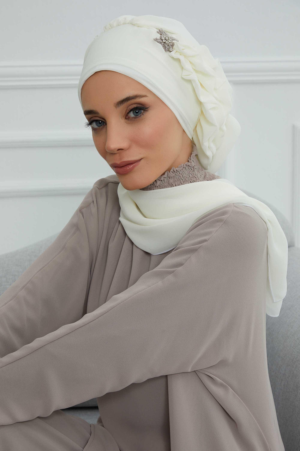 Elegant Chiffon Instant Turban with Sparkle Brooch, Pre-Tied Modest Headwrap for Women, Stylish Hijab Cap with Side Ruffle,HT-106 Ivory