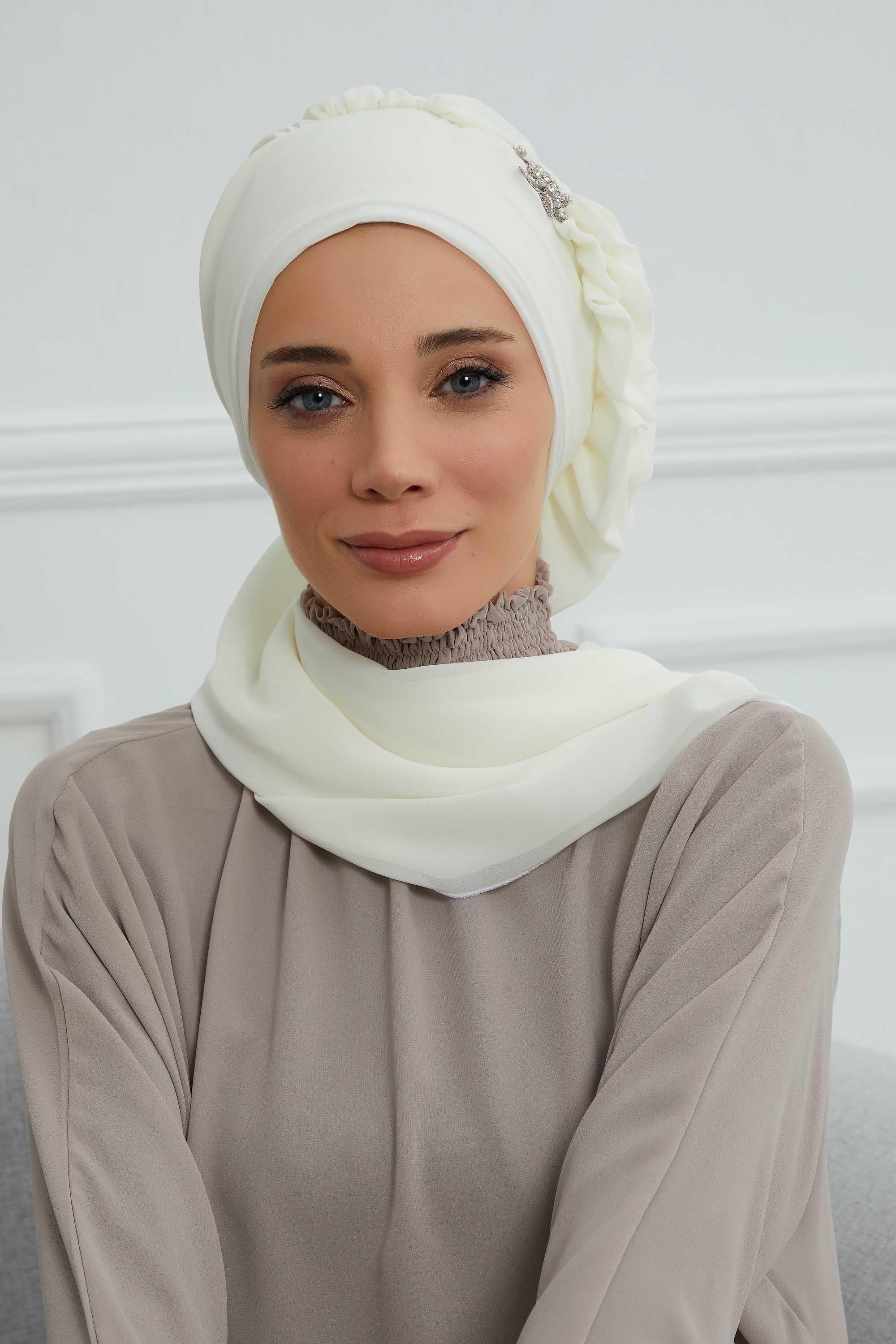 Elegant Chiffon Instant Turban with Sparkle Brooch, Pre-Tied Modest Headwrap for Women, Stylish Hijab Cap with Side Ruffle,HT-106 Ivory