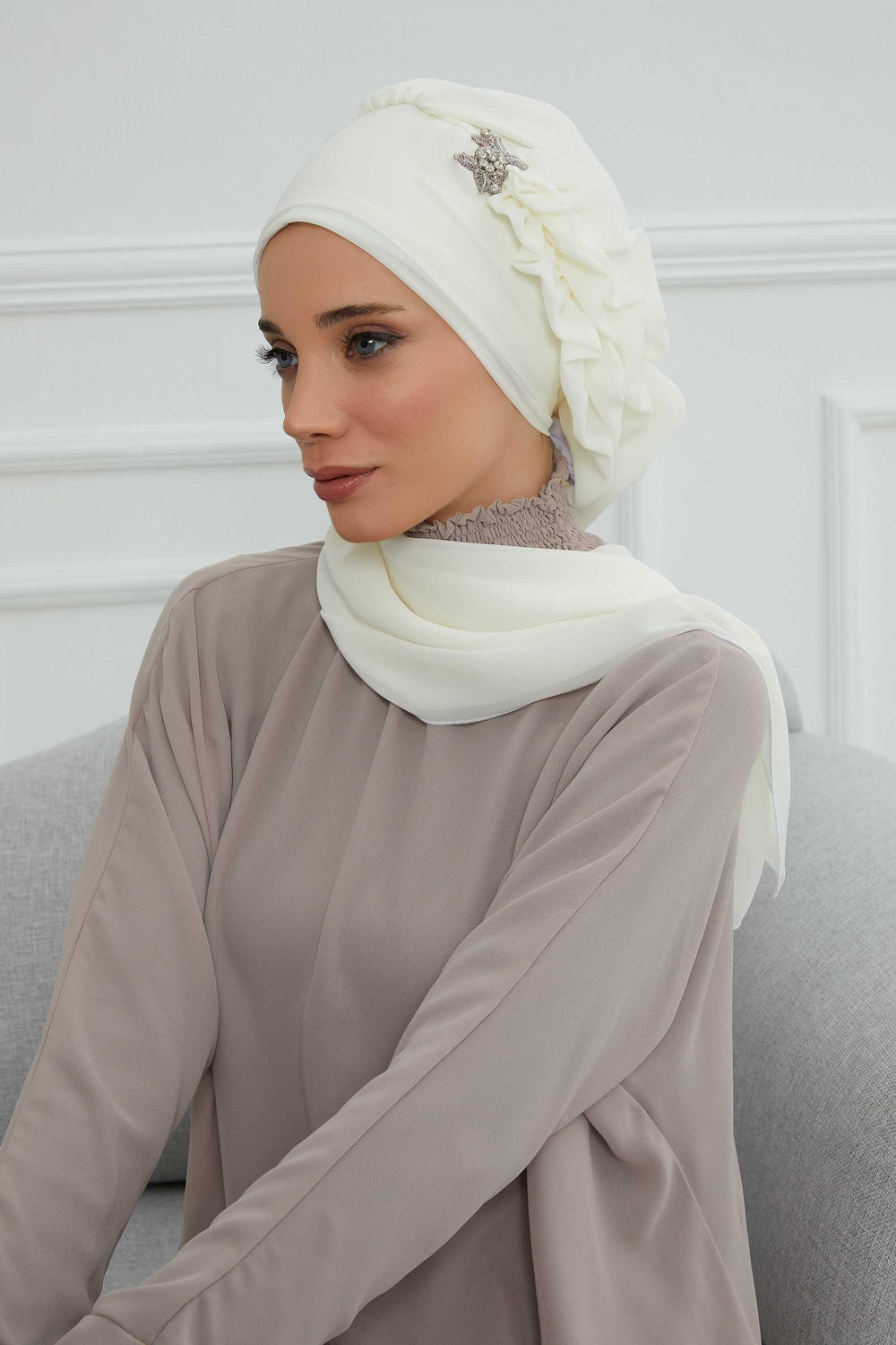Elegant Chiffon Instant Turban with Sparkle Brooch, Pre-Tied Modest Headwrap for Women, Stylish Hijab Cap with Side Ruffle,HT-106 Ivory
