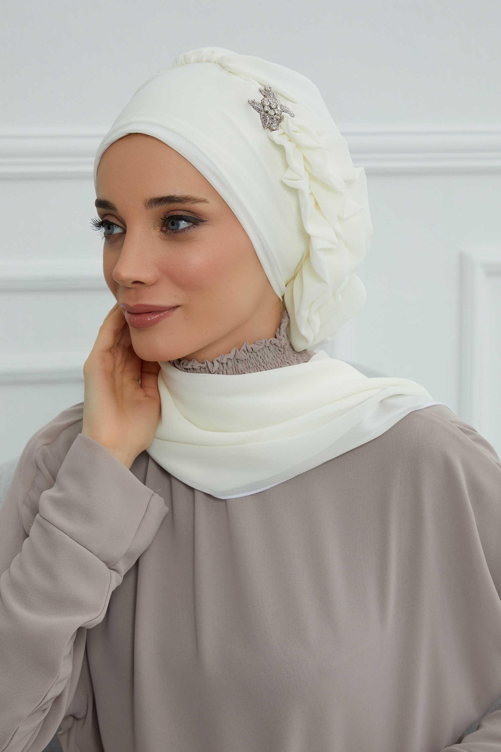Elegant Chiffon Instant Turban with Sparkle Brooch, Pre-Tied Modest Headwrap for Women, Stylish Hijab Cap with Side Ruffle,HT-106 Ivory