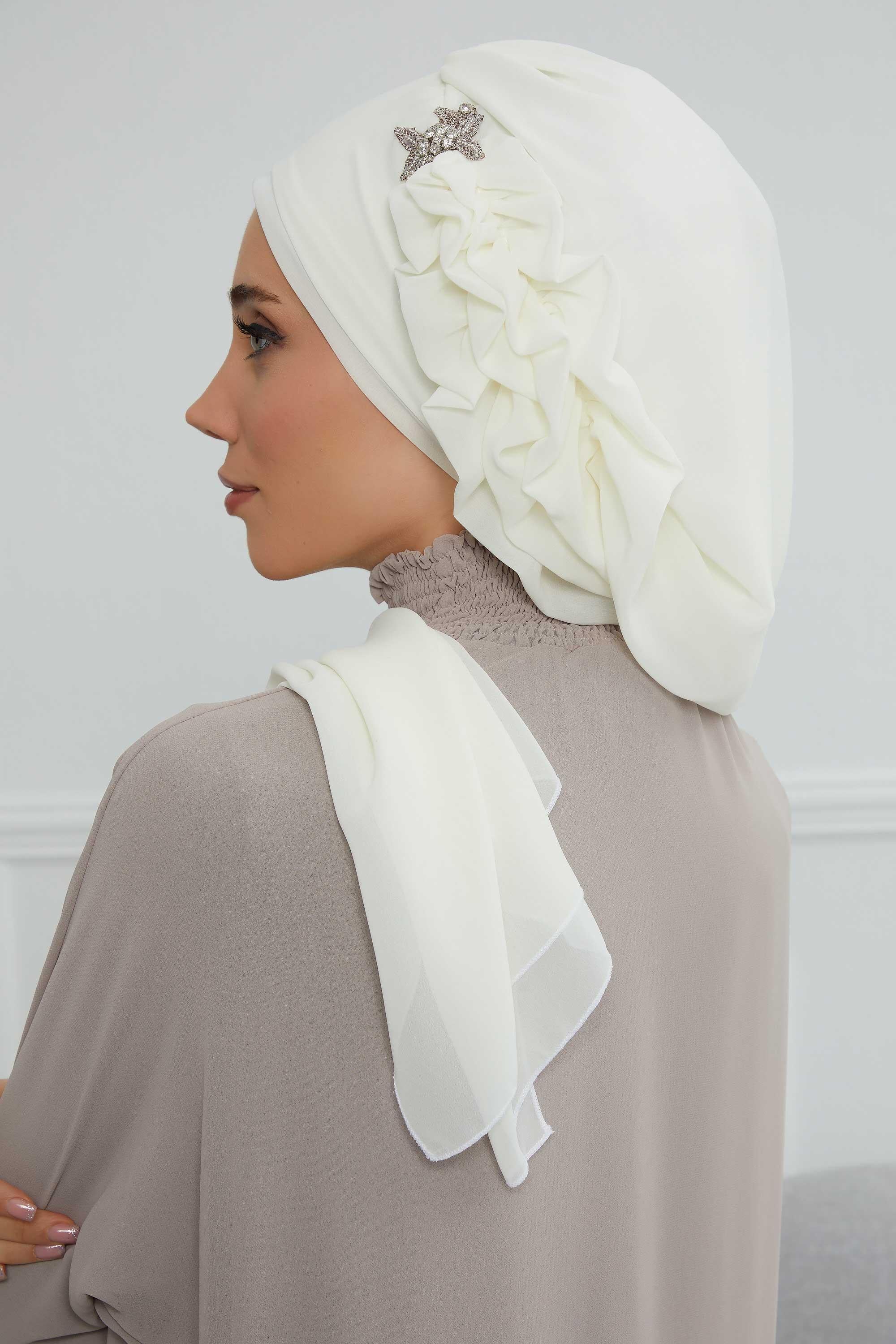 Elegant Chiffon Instant Turban with Sparkle Brooch, Pre-Tied Modest Headwrap for Women, Stylish Hijab Cap with Side Ruffle,HT-106 Ivory