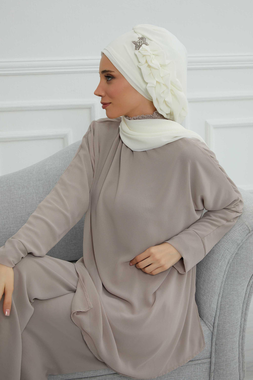 Elegant Chiffon Instant Turban with Sparkle Brooch, Pre-Tied Modest Headwrap for Women, Stylish Hijab Cap with Side Ruffle,HT-106 Ivory
