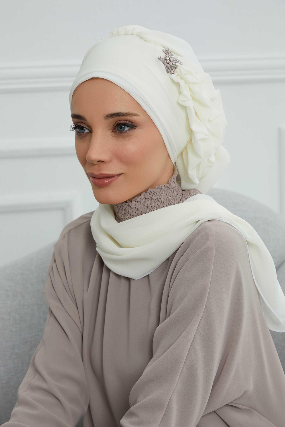 Elegant Chiffon Instant Turban with Sparkle Brooch, Pre-Tied Modest Headwrap for Women, Stylish Hijab Cap with Side Ruffle,HT-106 Ivory