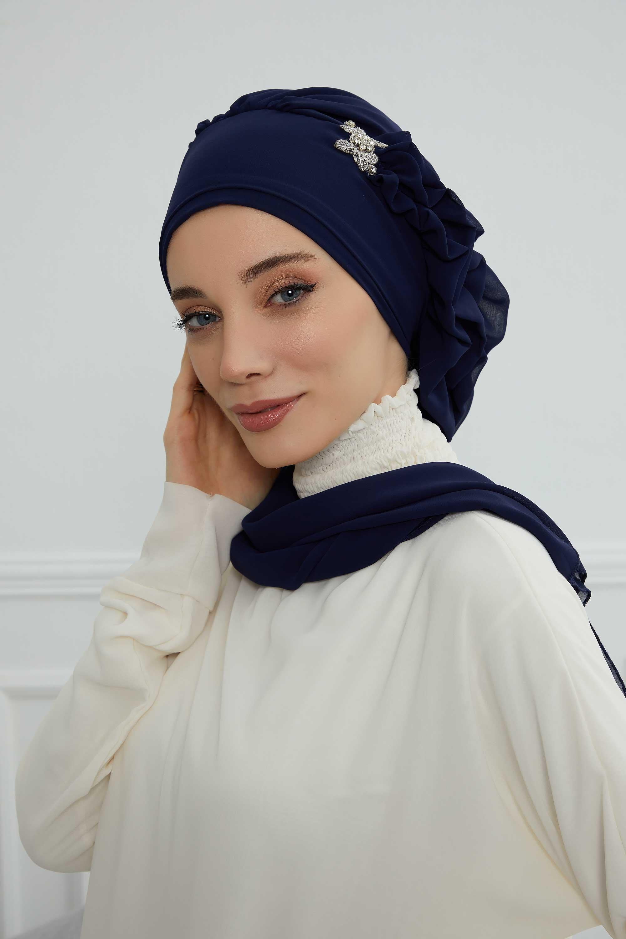 Elegant Chiffon Instant Turban with Sparkle Brooch, Pre-Tied Modest Headwrap for Women, Stylish Hijab Cap with Side Ruffle,HT-106 Navy Blue