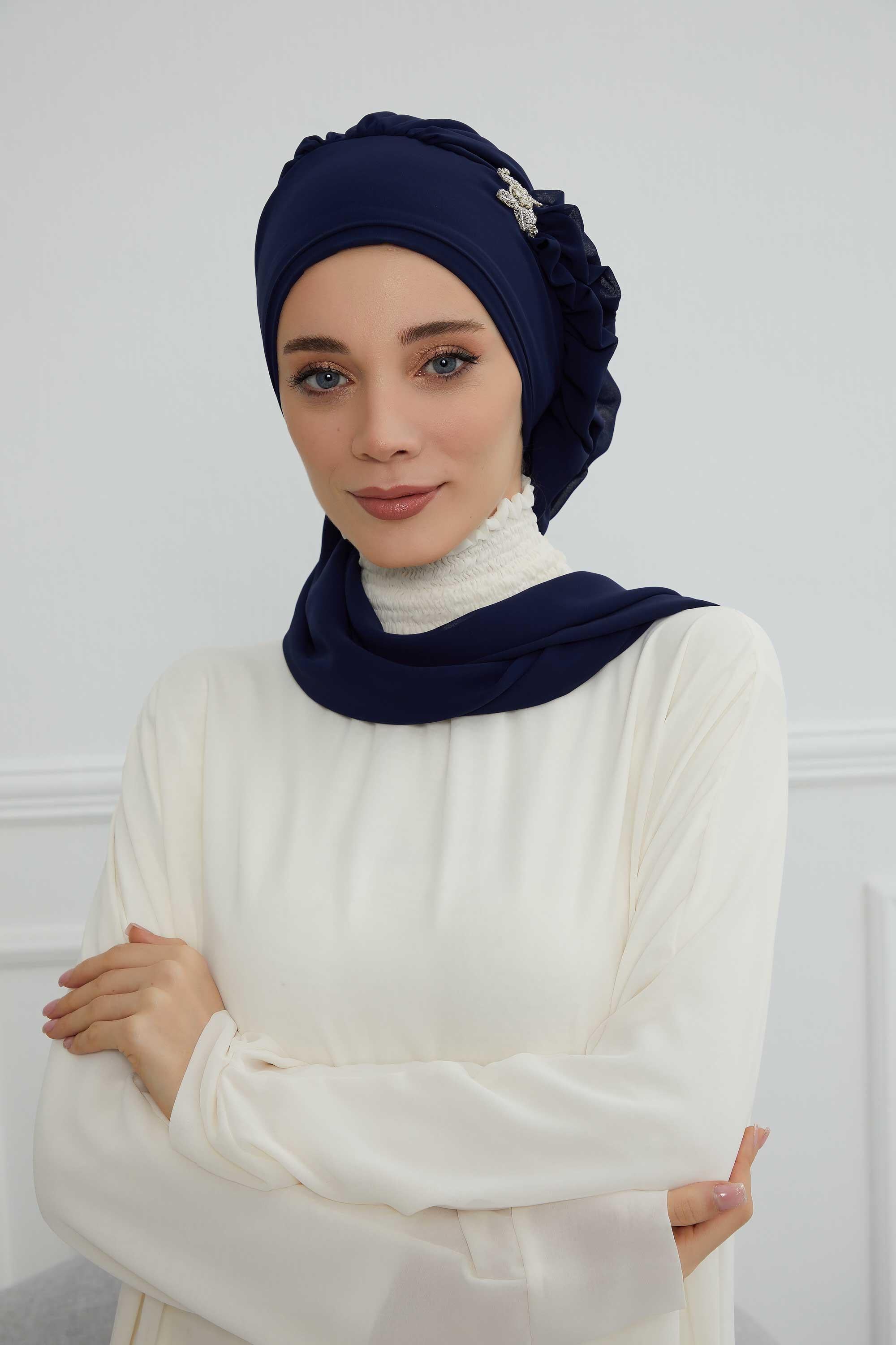 Elegant Chiffon Instant Turban with Sparkle Brooch, Pre-Tied Modest Headwrap for Women, Stylish Hijab Cap with Side Ruffle,HT-106 Navy Blue