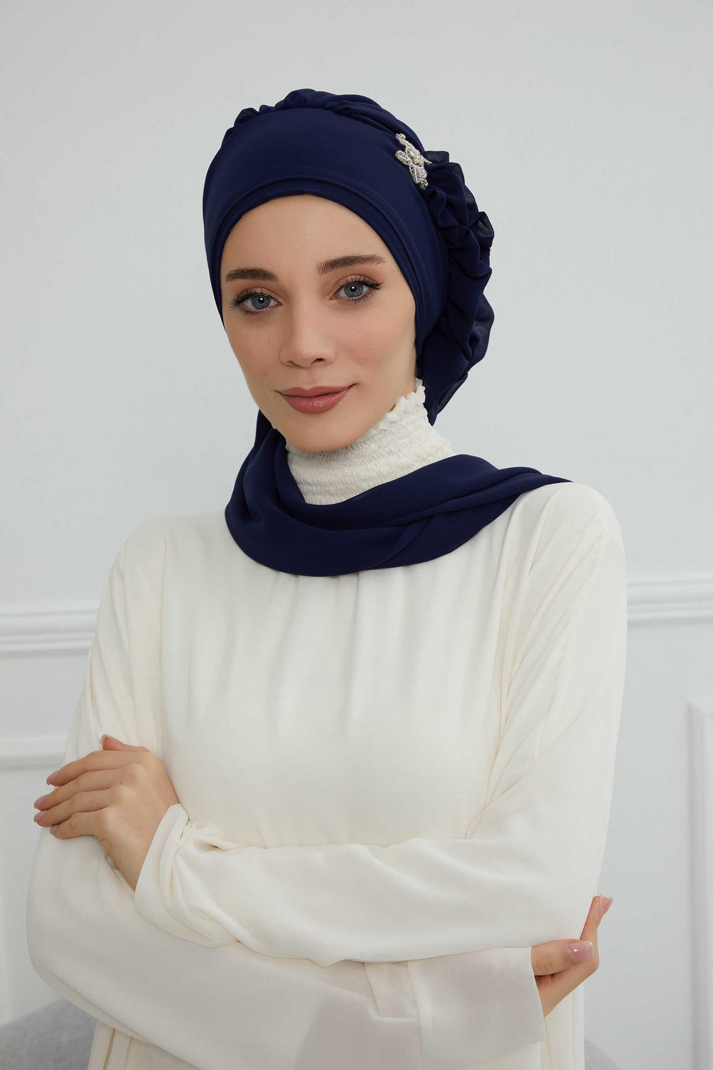Elegant Chiffon Instant Turban with Sparkle Brooch, Pre-Tied Modest Headwrap for Women, Stylish Hijab Cap with Side Ruffle,HT-106 Navy Blue