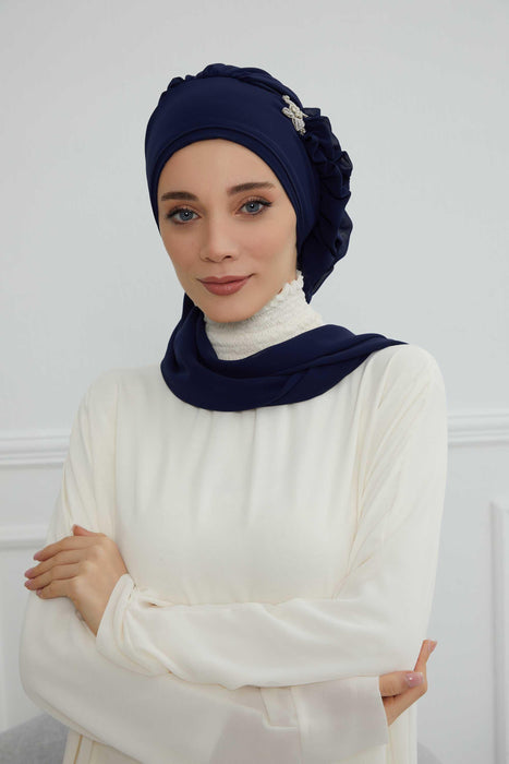 Side Frilled Instant Turban Cotton Scarf Head Turbans with Unique Jewellery Stone Accessory For Women Headwear Stylish Elegant Design,HT-106