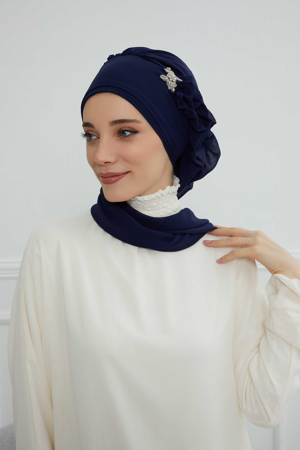 Elegant Chiffon Instant Turban with Sparkle Brooch, Pre-Tied Modest Headwrap for Women, Stylish Hijab Cap with Side Ruffle,HT-106 Navy Blue