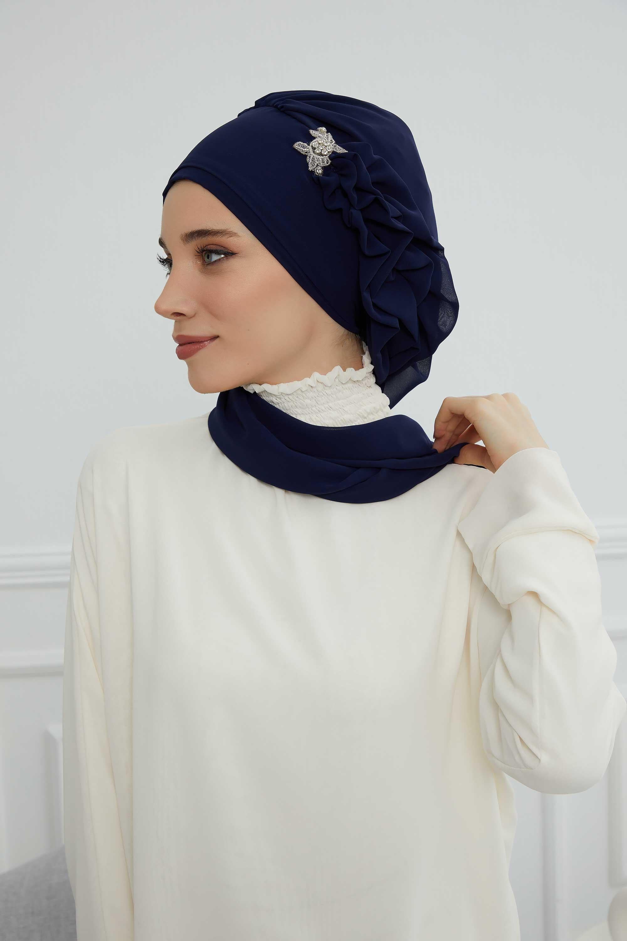 Elegant Chiffon Instant Turban with Sparkle Brooch, Pre-Tied Modest Headwrap for Women, Stylish Hijab Cap with Side Ruffle,HT-106 Navy Blue