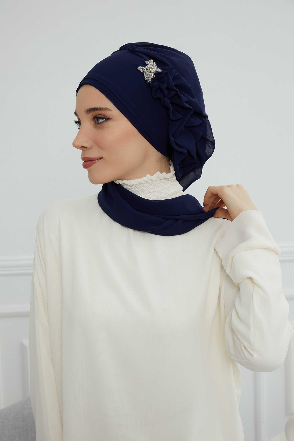 Elegant Chiffon Instant Turban with Sparkle Brooch, Pre-Tied Modest Headwrap for Women, Stylish Hijab Cap with Side Ruffle,HT-106 Navy Blue