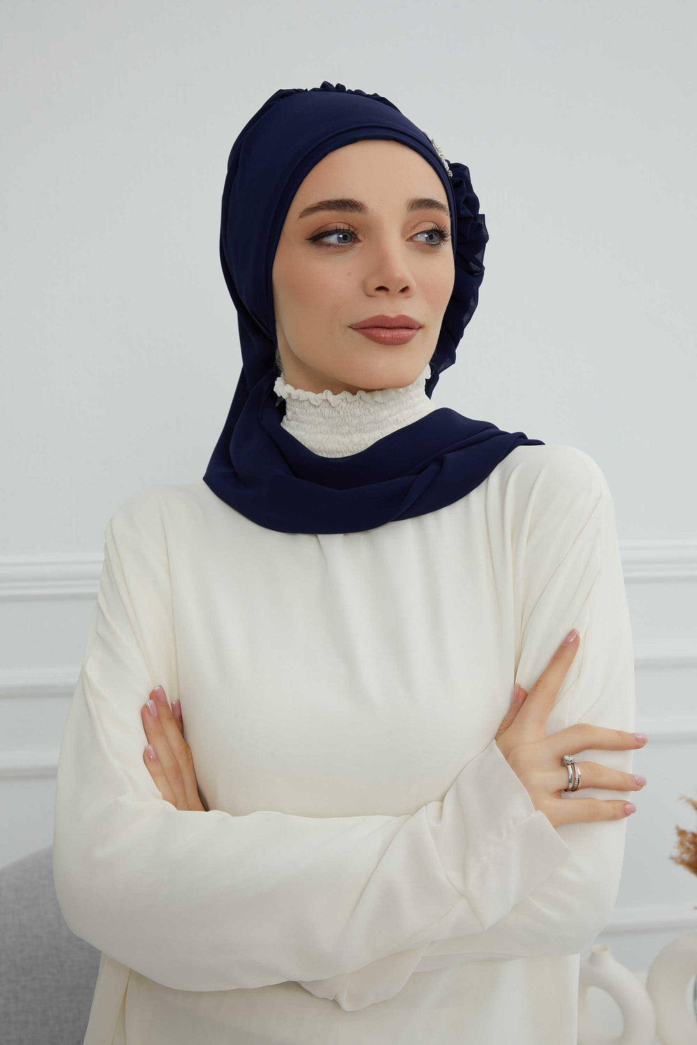 Elegant Chiffon Instant Turban with Sparkle Brooch, Pre-Tied Modest Headwrap for Women, Stylish Hijab Cap with Side Ruffle,HT-106 Navy Blue