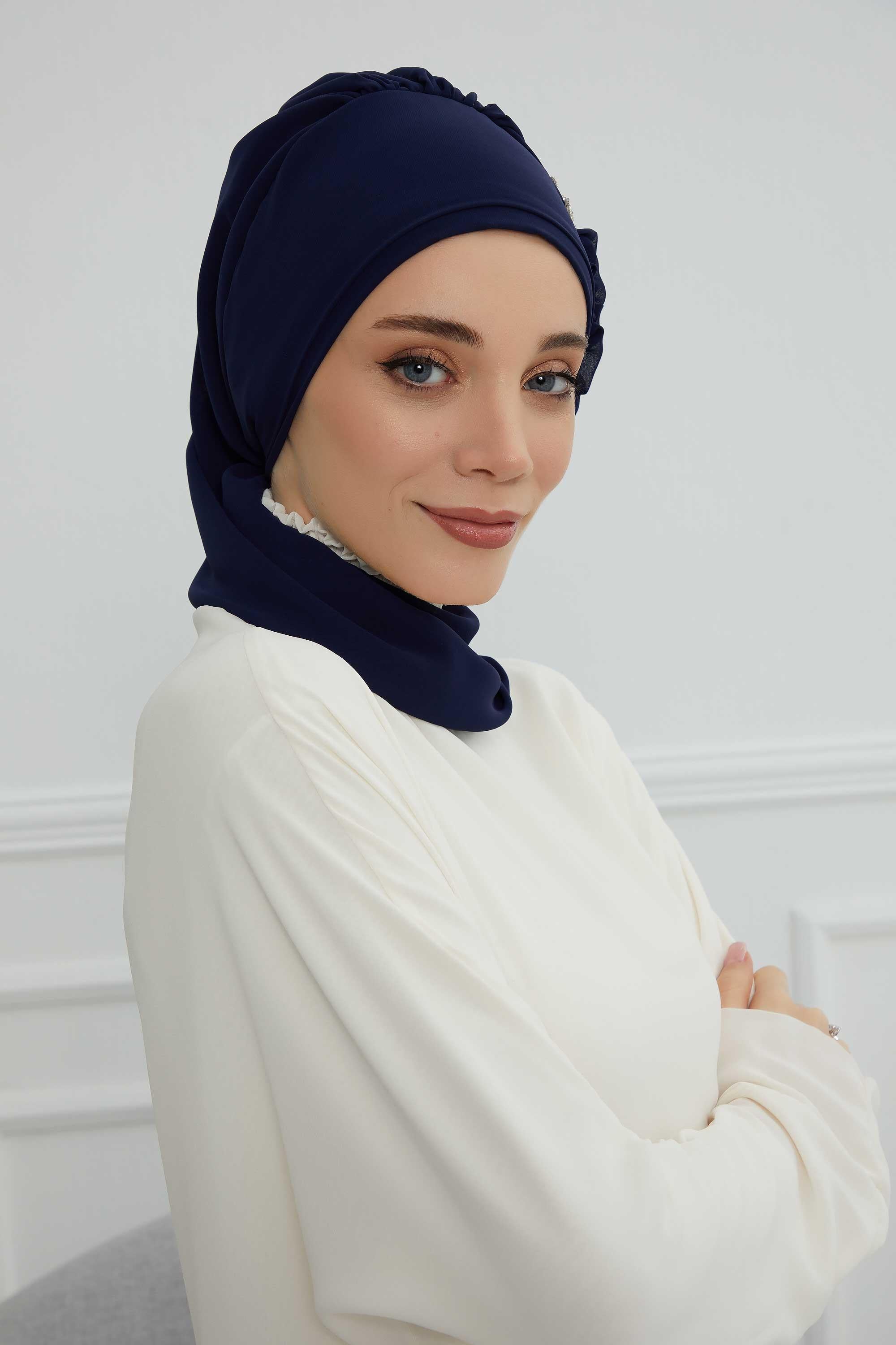 Elegant Chiffon Instant Turban with Sparkle Brooch, Pre-Tied Modest Headwrap for Women, Stylish Hijab Cap with Side Ruffle,HT-106 Navy Blue