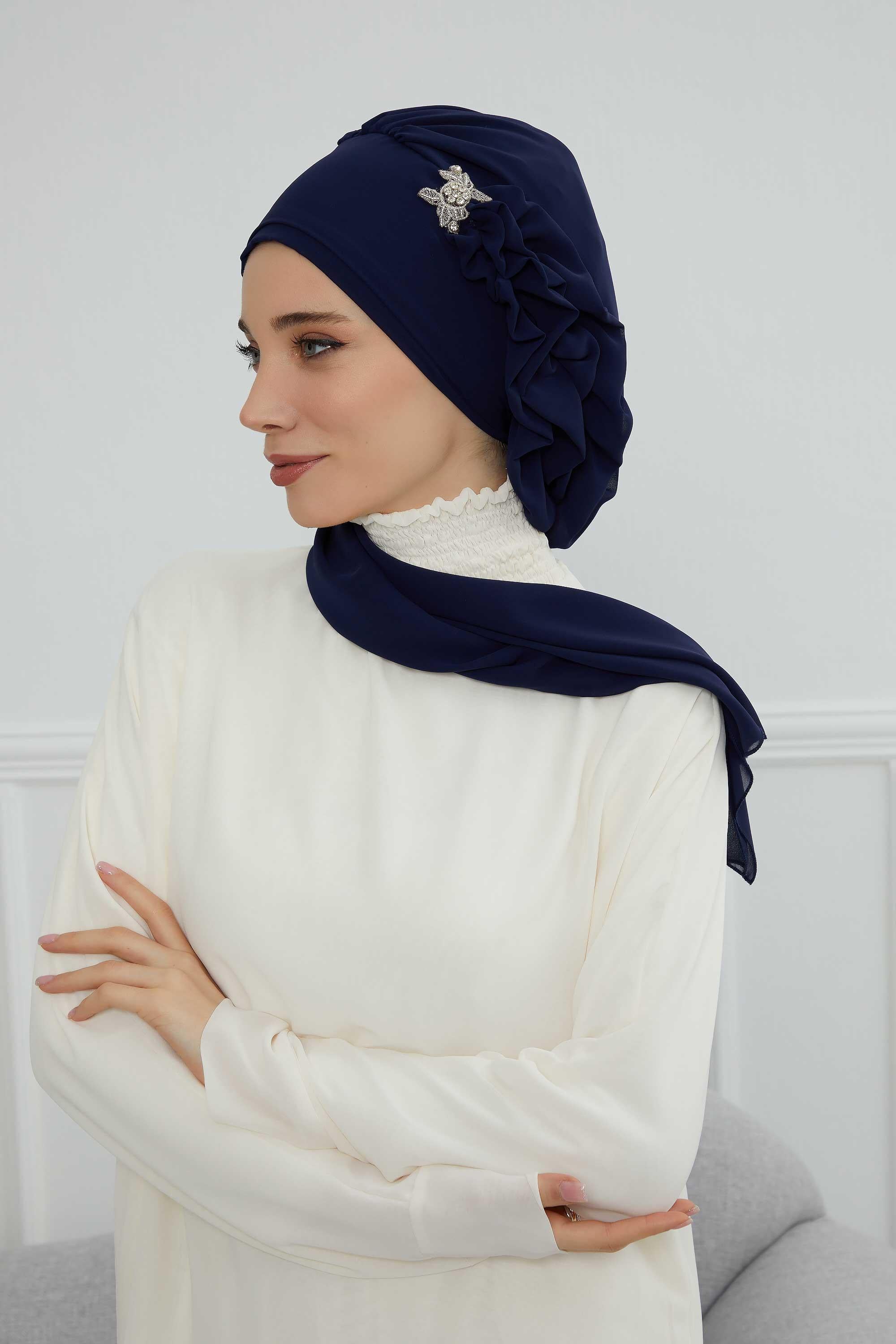 Elegant Chiffon Instant Turban with Sparkle Brooch, Pre-Tied Modest Headwrap for Women, Stylish Hijab Cap with Side Ruffle,HT-106 Navy Blue