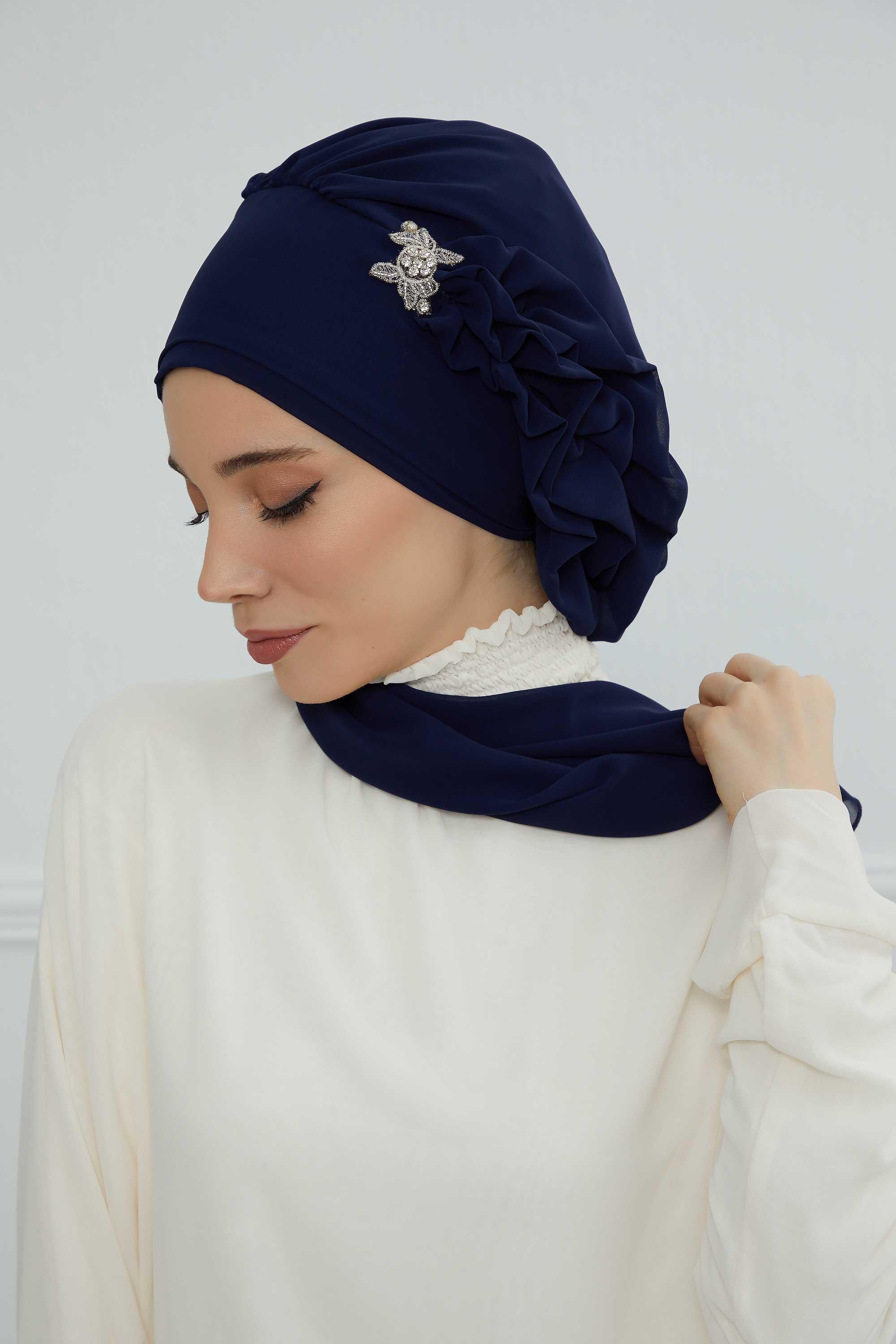 Elegant Chiffon Instant Turban with Sparkle Brooch, Pre-Tied Modest Headwrap for Women, Stylish Hijab Cap with Side Ruffle,HT-106 Navy Blue