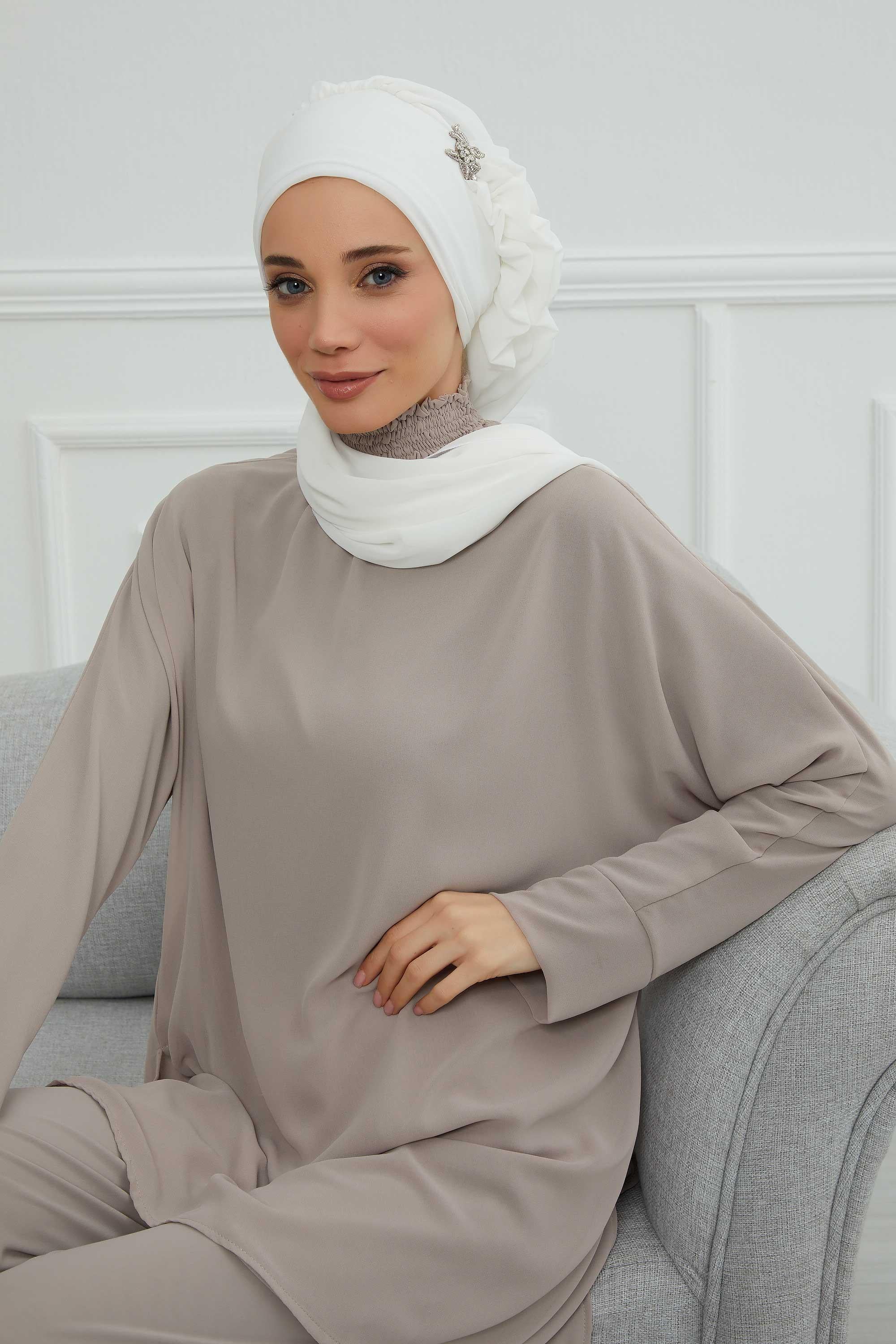 Elegant Chiffon Instant Turban with Sparkle Brooch, Pre-Tied Modest Headwrap for Women, Stylish Hijab Cap with Side Ruffle,HT-106 Off-White