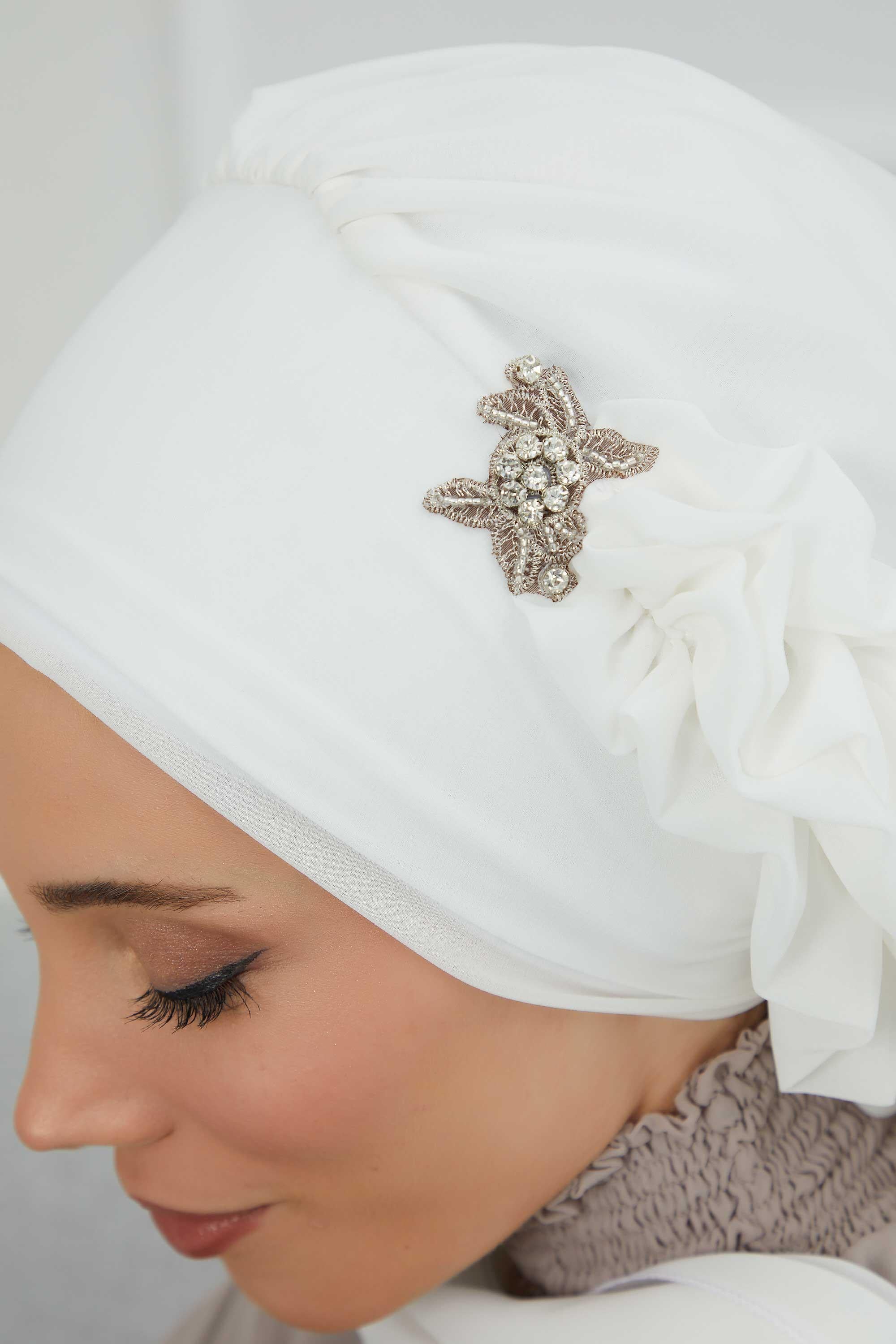 Elegant Chiffon Instant Turban with Sparkle Brooch, Pre-Tied Modest Headwrap for Women, Stylish Hijab Cap with Side Ruffle,HT-106 Off-White