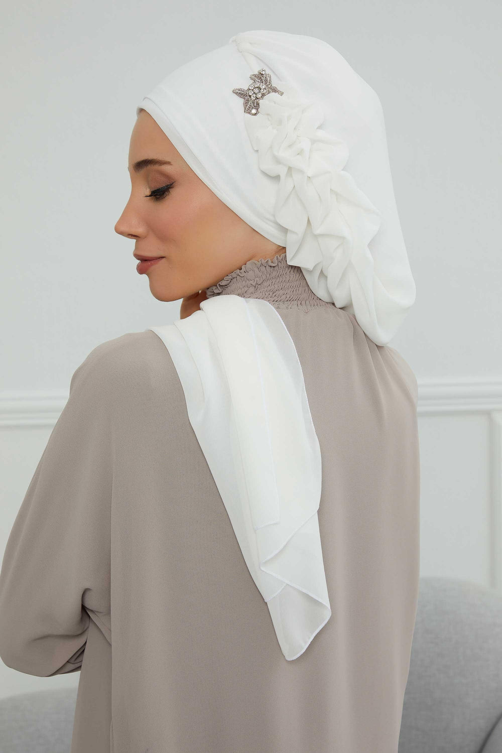 Elegant Chiffon Instant Turban with Sparkle Brooch, Pre-Tied Modest Headwrap for Women, Stylish Hijab Cap with Side Ruffle,HT-106 Off-White