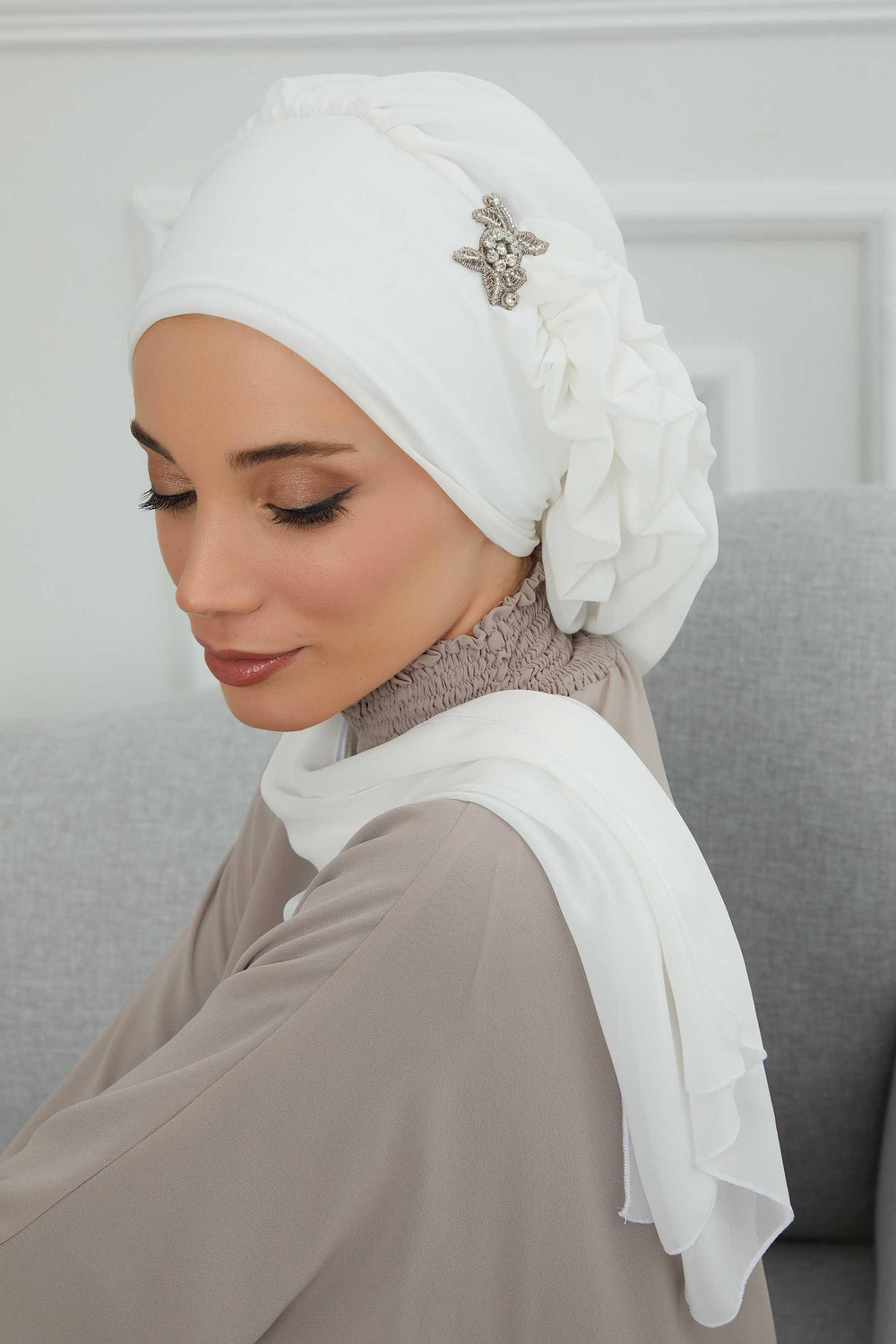 Elegant Chiffon Instant Turban with Sparkle Brooch, Pre-Tied Modest Headwrap for Women, Stylish Hijab Cap with Side Ruffle,HT-106 Off-White