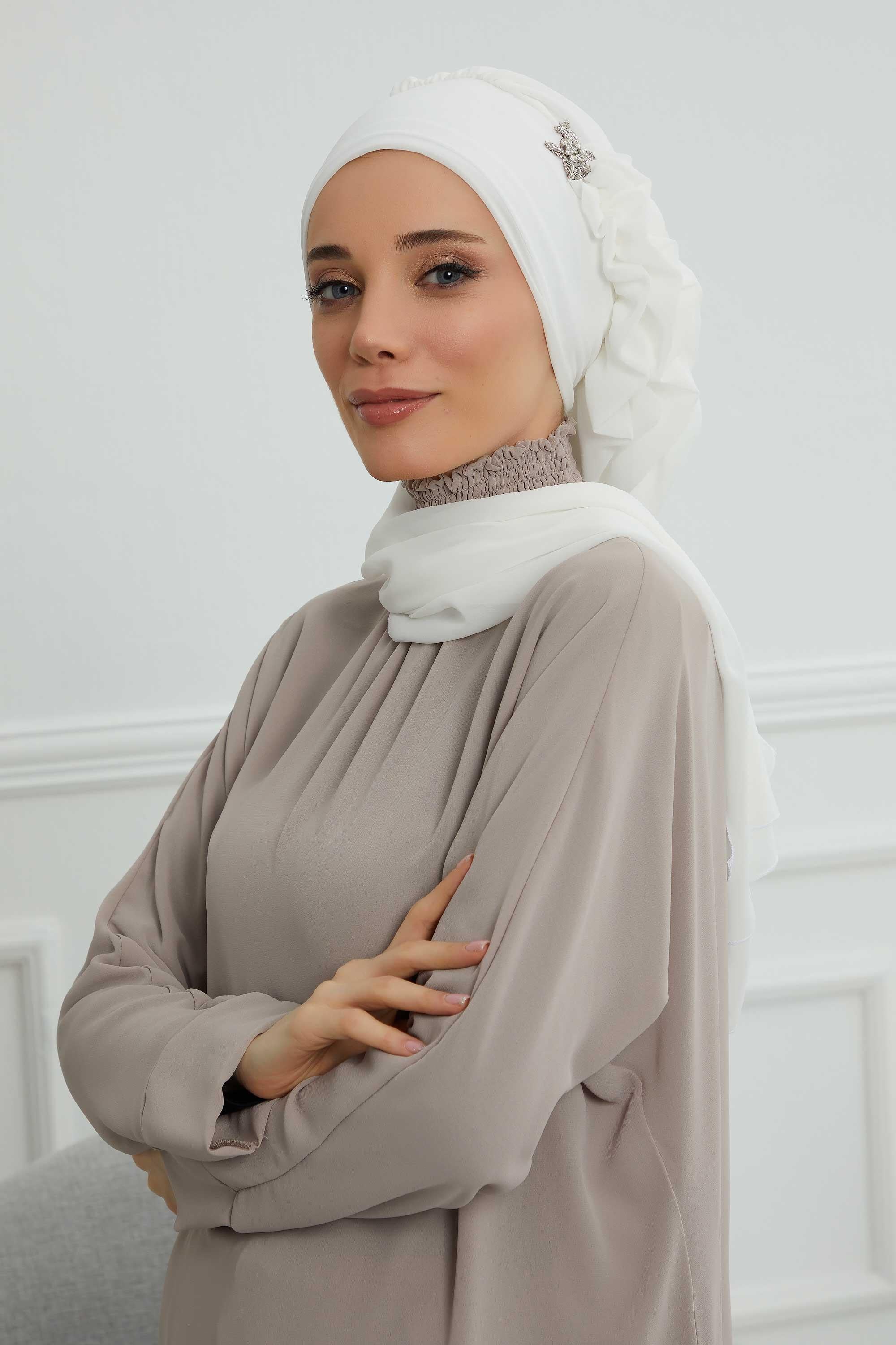 Elegant Chiffon Instant Turban with Sparkle Brooch, Pre-Tied Modest Headwrap for Women, Stylish Hijab Cap with Side Ruffle,HT-106 Off-White