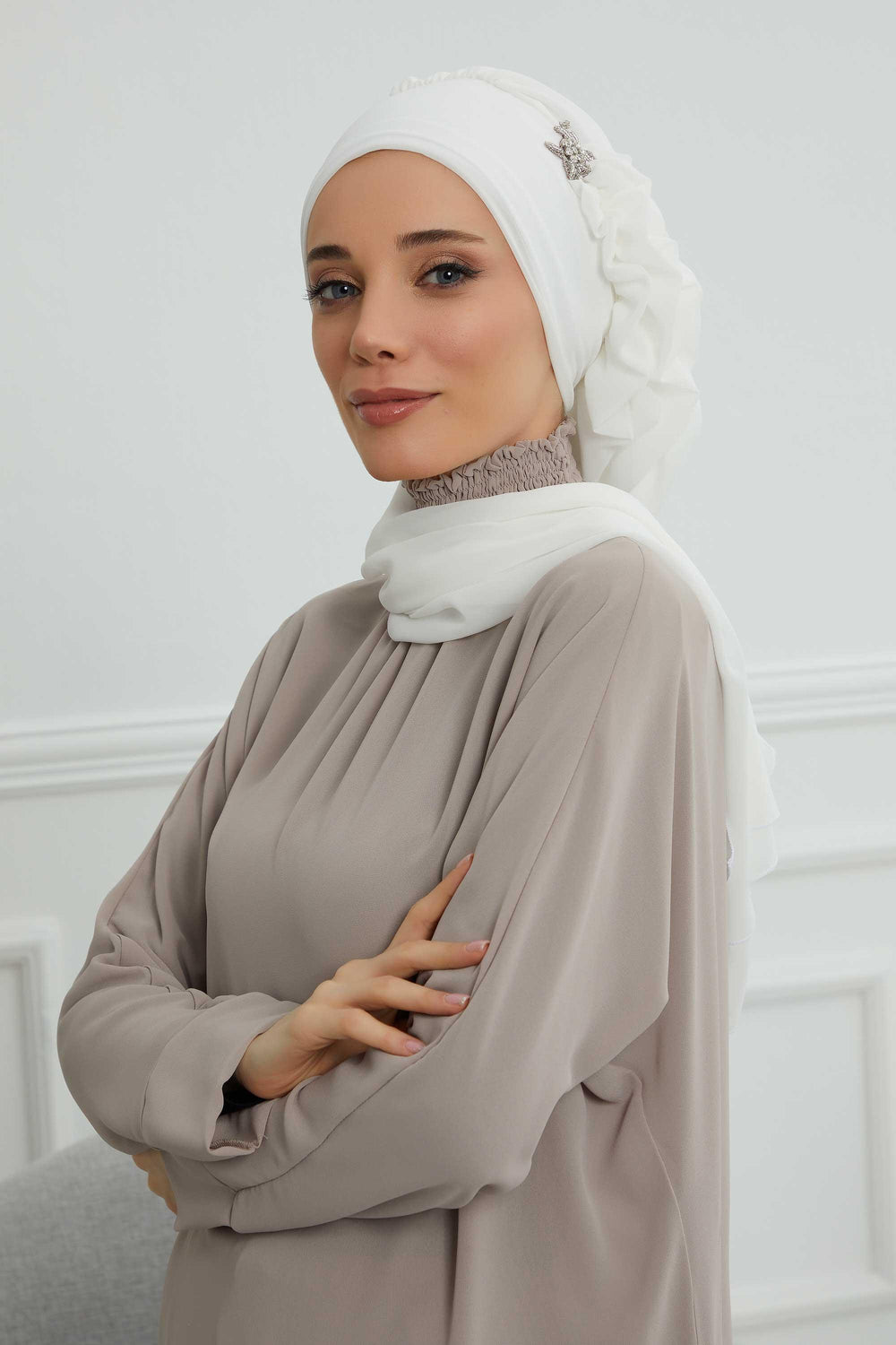 Elegant Chiffon Instant Turban with Sparkle Brooch, Pre-Tied Modest Headwrap for Women, Stylish Hijab Cap with Side Ruffle,HT-106 Off-White