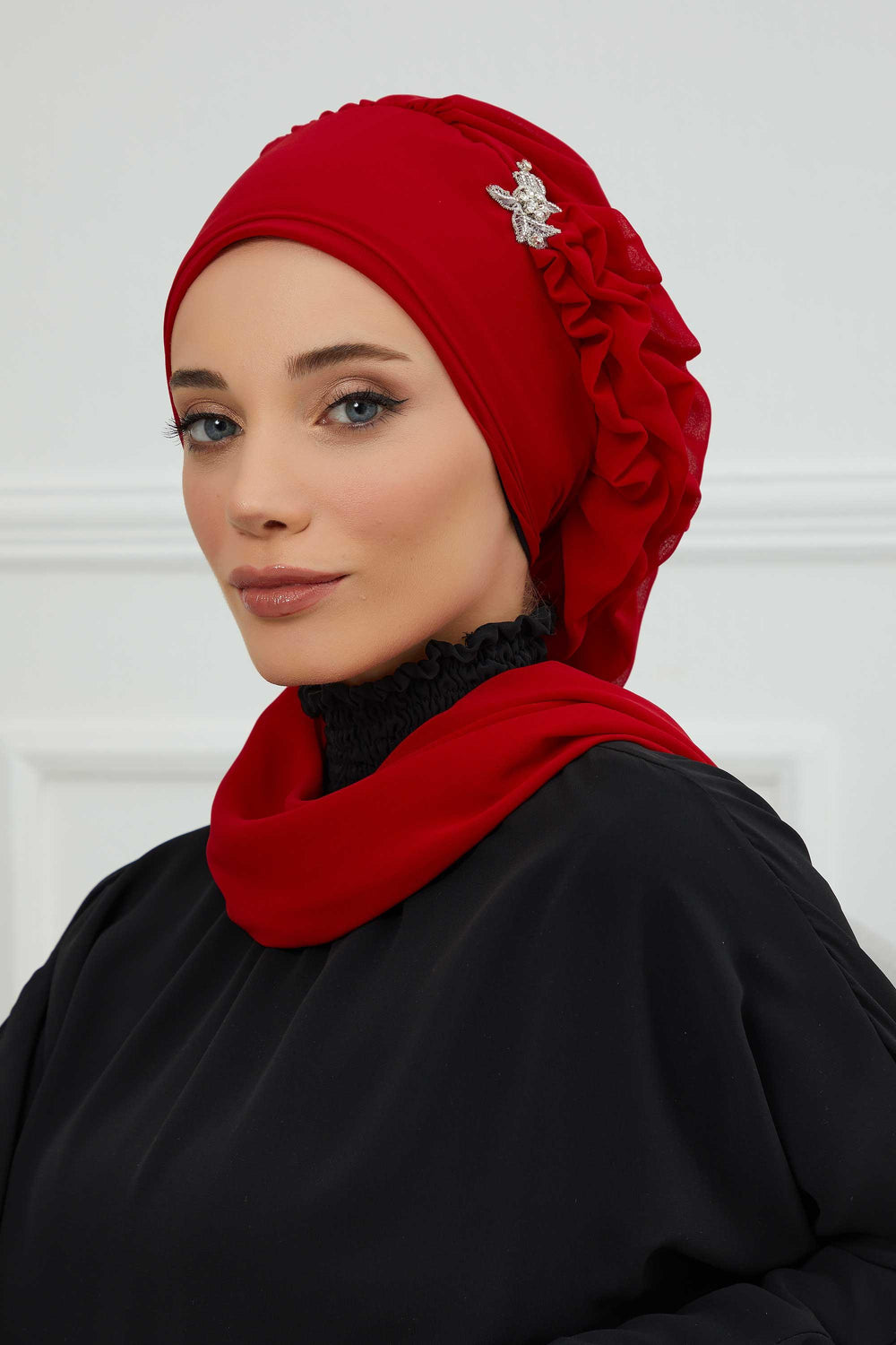 Elegant Chiffon Instant Turban with Sparkle Brooch, Pre-Tied Modest Headwrap for Women, Stylish Hijab Cap with Side Ruffle,HT-106 Red