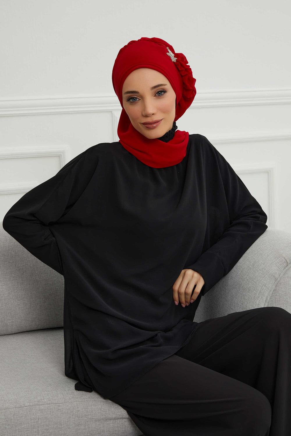 Elegant Chiffon Instant Turban with Sparkle Brooch, Pre-Tied Modest Headwrap for Women, Stylish Hijab Cap with Side Ruffle,HT-106 Red
