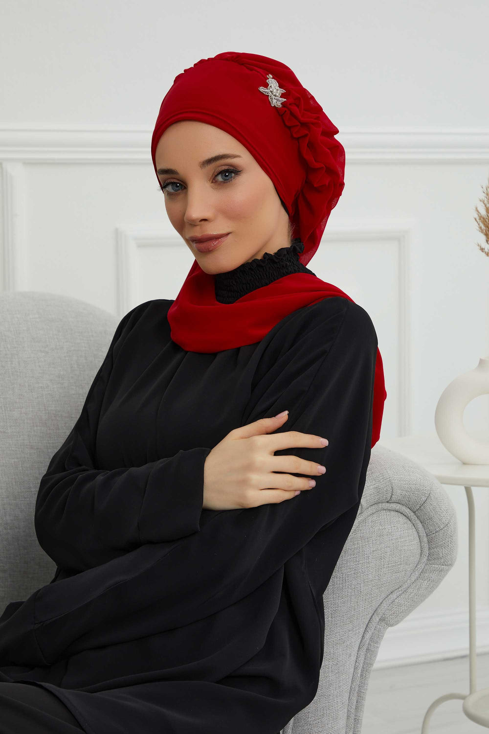 Elegant Chiffon Instant Turban with Sparkle Brooch, Pre-Tied Modest Headwrap for Women, Stylish Hijab Cap with Side Ruffle,HT-106 Red