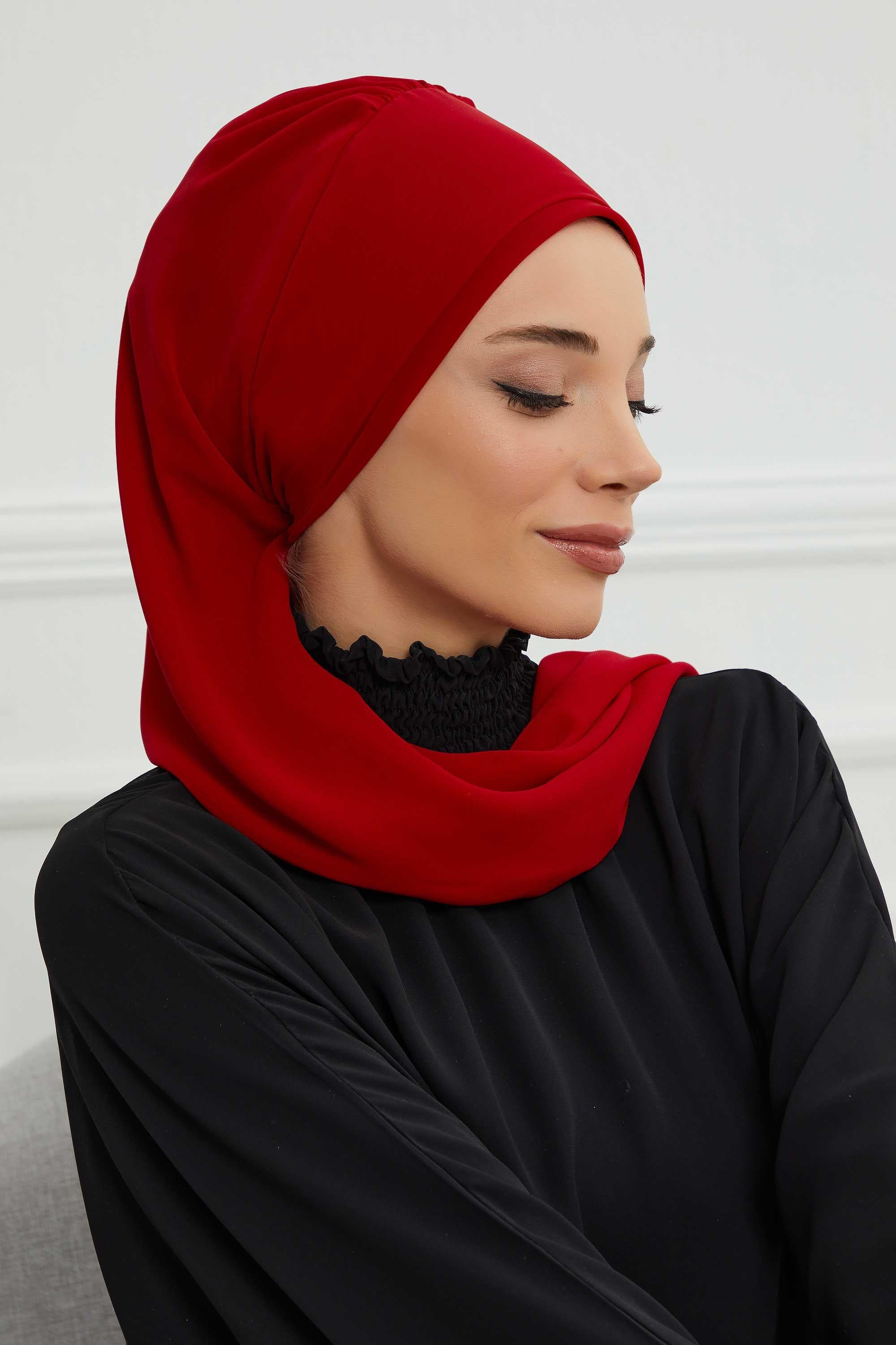 Elegant Chiffon Instant Turban with Sparkle Brooch, Pre-Tied Modest Headwrap for Women, Stylish Hijab Cap with Side Ruffle,HT-106 Red
