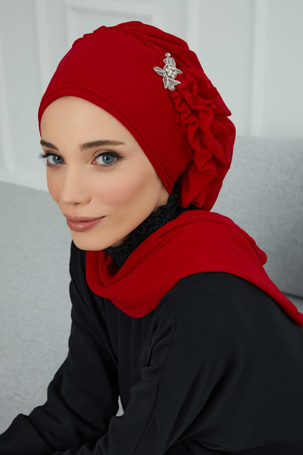 Elegant Chiffon Instant Turban with Sparkle Brooch, Pre-Tied Modest Headwrap for Women, Stylish Hijab Cap with Side Ruffle,HT-106 Red