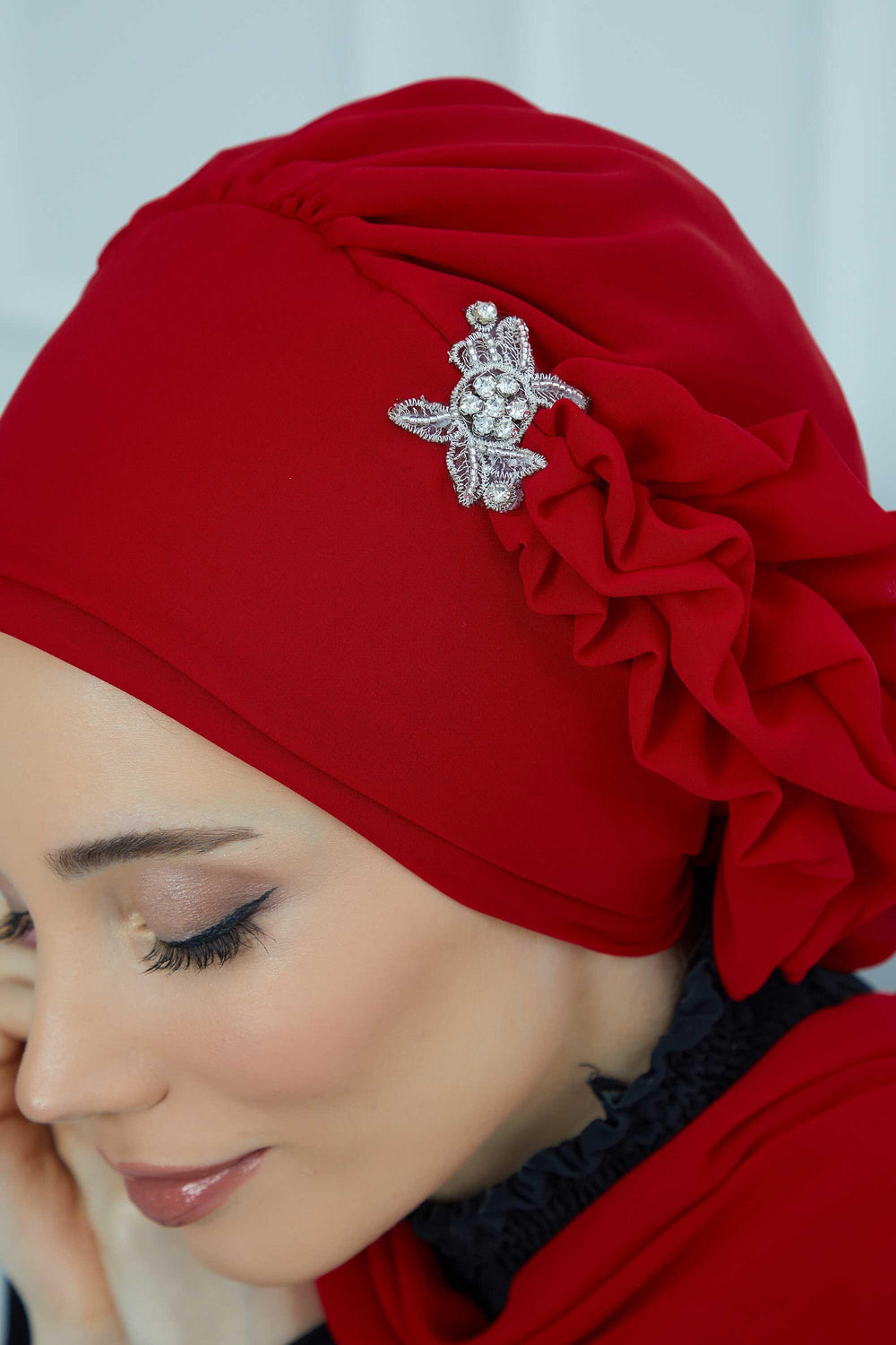 Elegant Chiffon Instant Turban with Sparkle Brooch, Pre-Tied Modest Headwrap for Women, Stylish Hijab Cap with Side Ruffle,HT-106 Red
