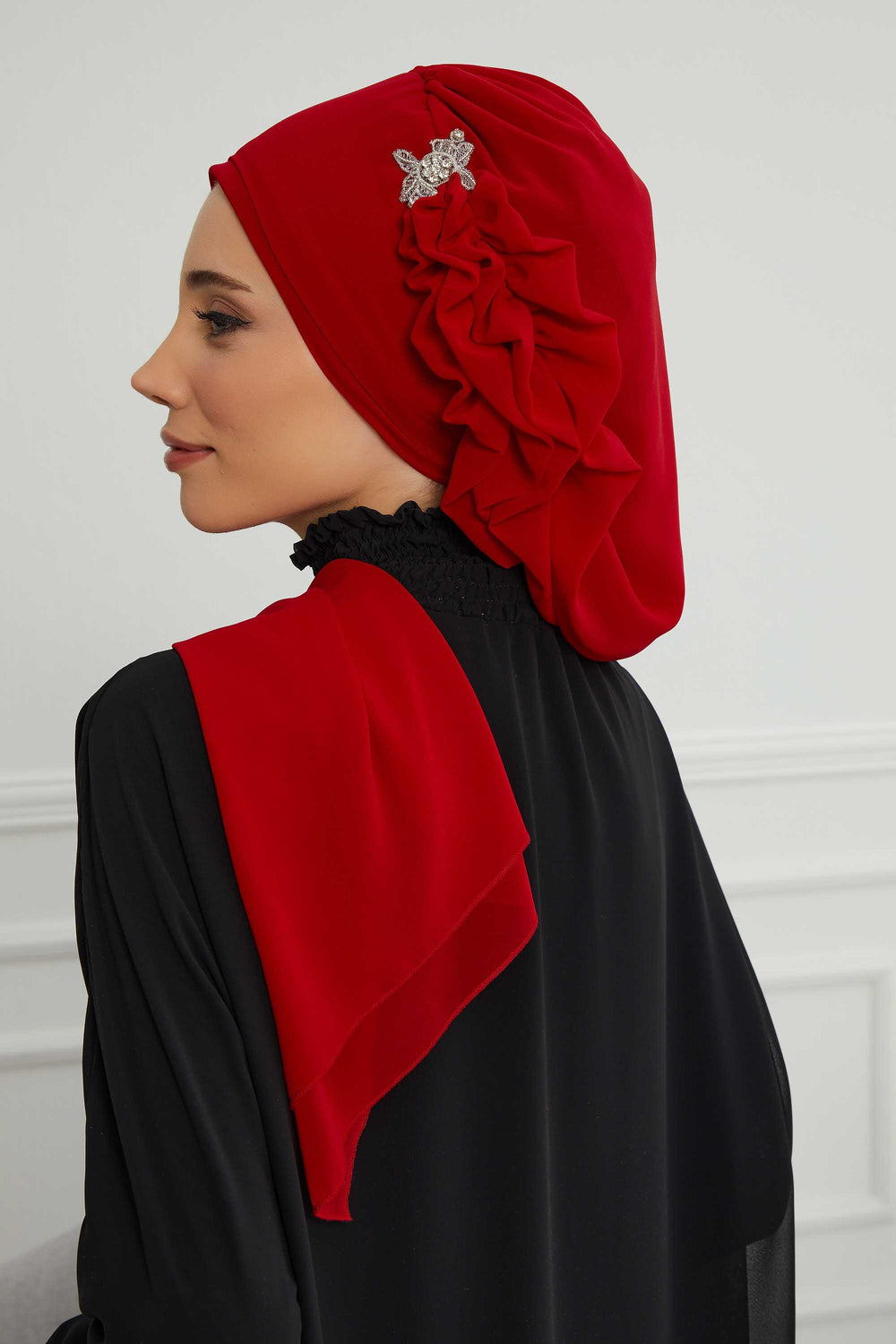 Elegant Chiffon Instant Turban with Sparkle Brooch, Pre-Tied Modest Headwrap for Women, Stylish Hijab Cap with Side Ruffle,HT-106 Red