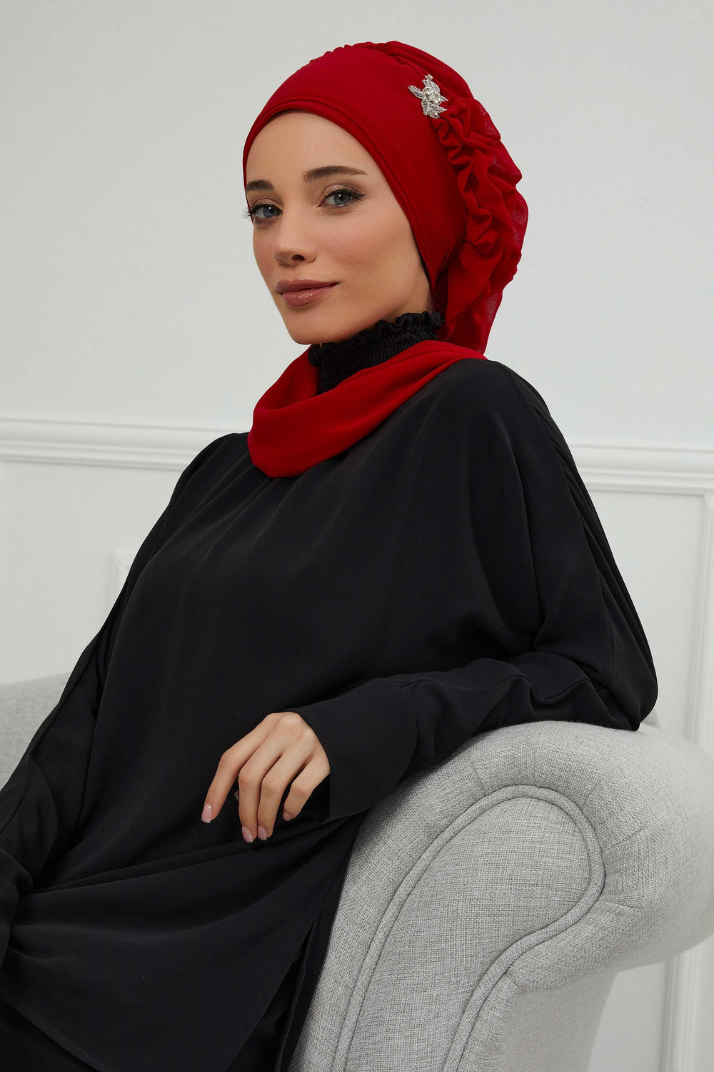 Elegant Chiffon Instant Turban with Sparkle Brooch, Pre-Tied Modest Headwrap for Women, Stylish Hijab Cap with Side Ruffle,HT-106 Red