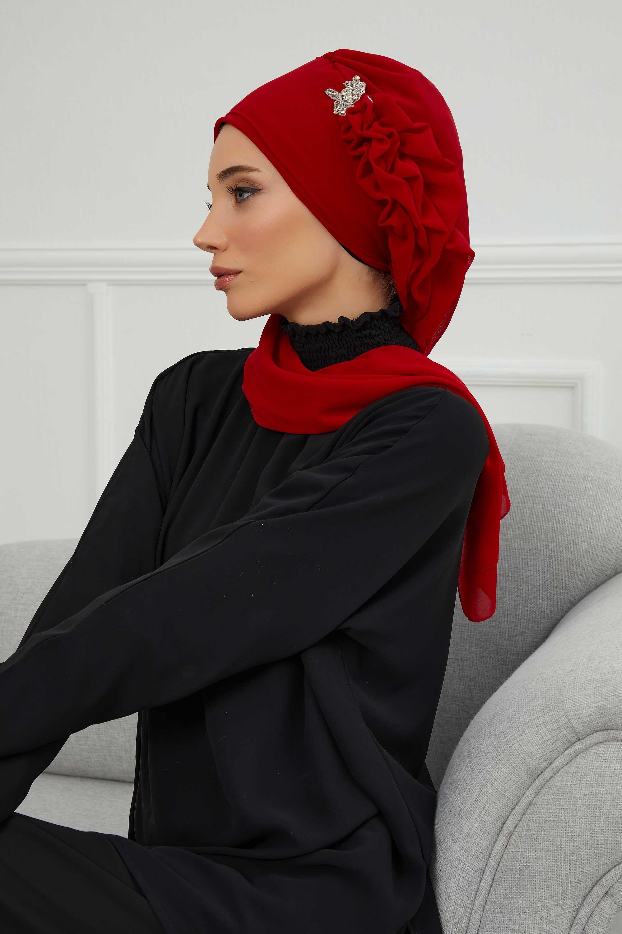 Elegant Chiffon Instant Turban with Sparkle Brooch, Pre-Tied Modest Headwrap for Women, Stylish Hijab Cap with Side Ruffle,HT-106 Red