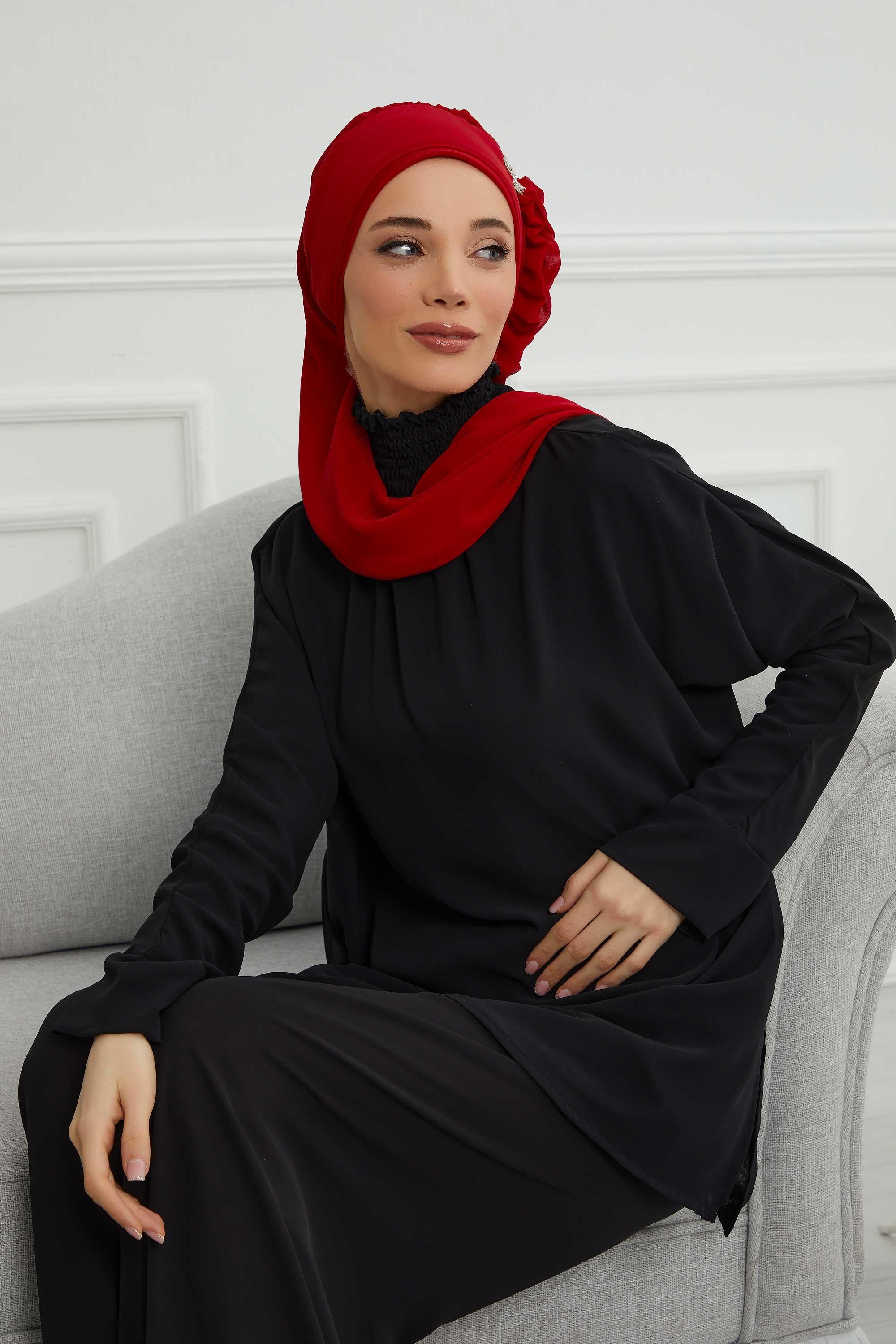 Elegant Chiffon Instant Turban with Sparkle Brooch, Pre-Tied Modest Headwrap for Women, Stylish Hijab Cap with Side Ruffle,HT-106 Red