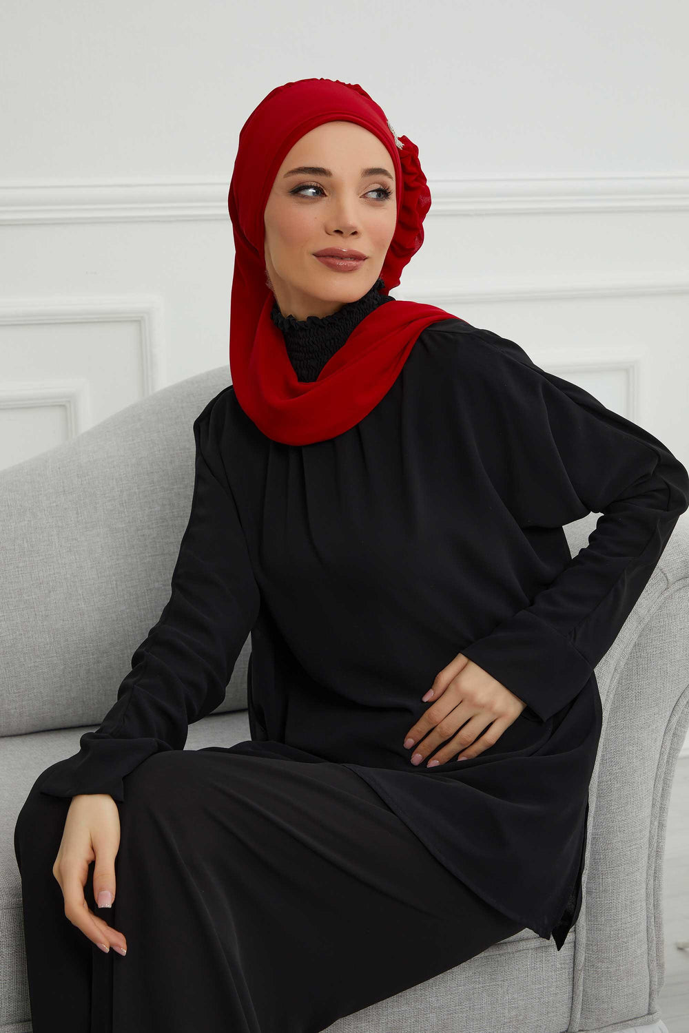 Elegant Chiffon Instant Turban with Sparkle Brooch, Pre-Tied Modest Headwrap for Women, Stylish Hijab Cap with Side Ruffle,HT-106 Red