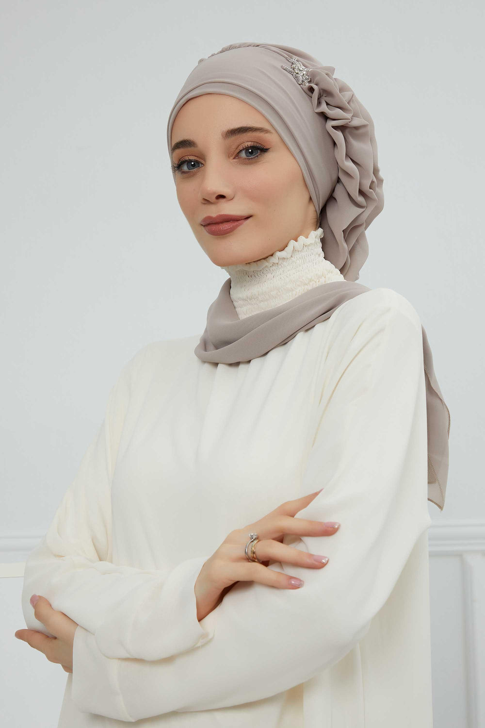 Elegant Chiffon Instant Turban with Sparkle Brooch, Pre-Tied Modest Headwrap for Women, Stylish Hijab Cap with Side Ruffle,HT-106 Mink