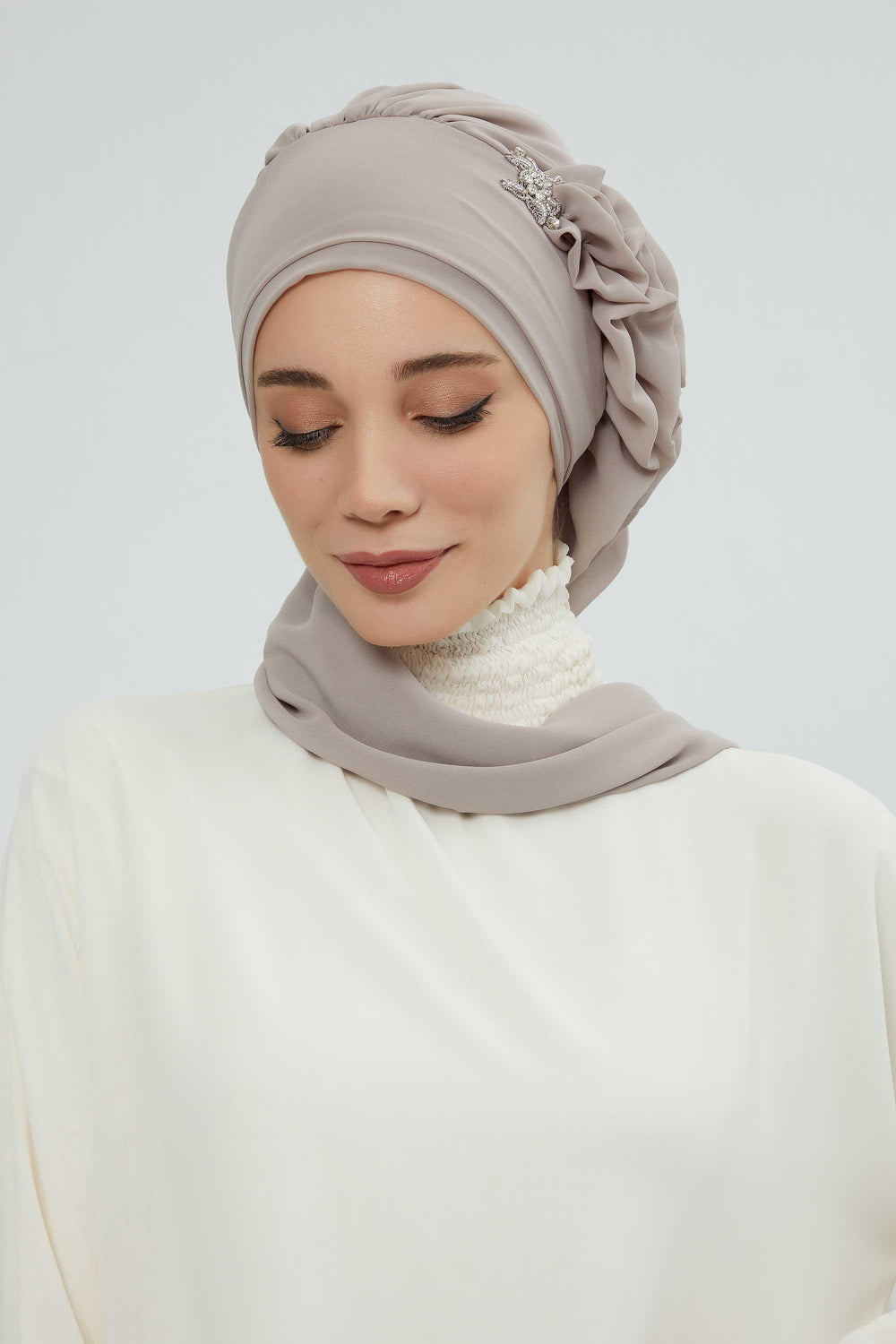 Elegant Chiffon Instant Turban with Sparkle Brooch, Pre-Tied Modest Headwrap for Women, Stylish Hijab Cap with Side Ruffle,HT-106 Mink