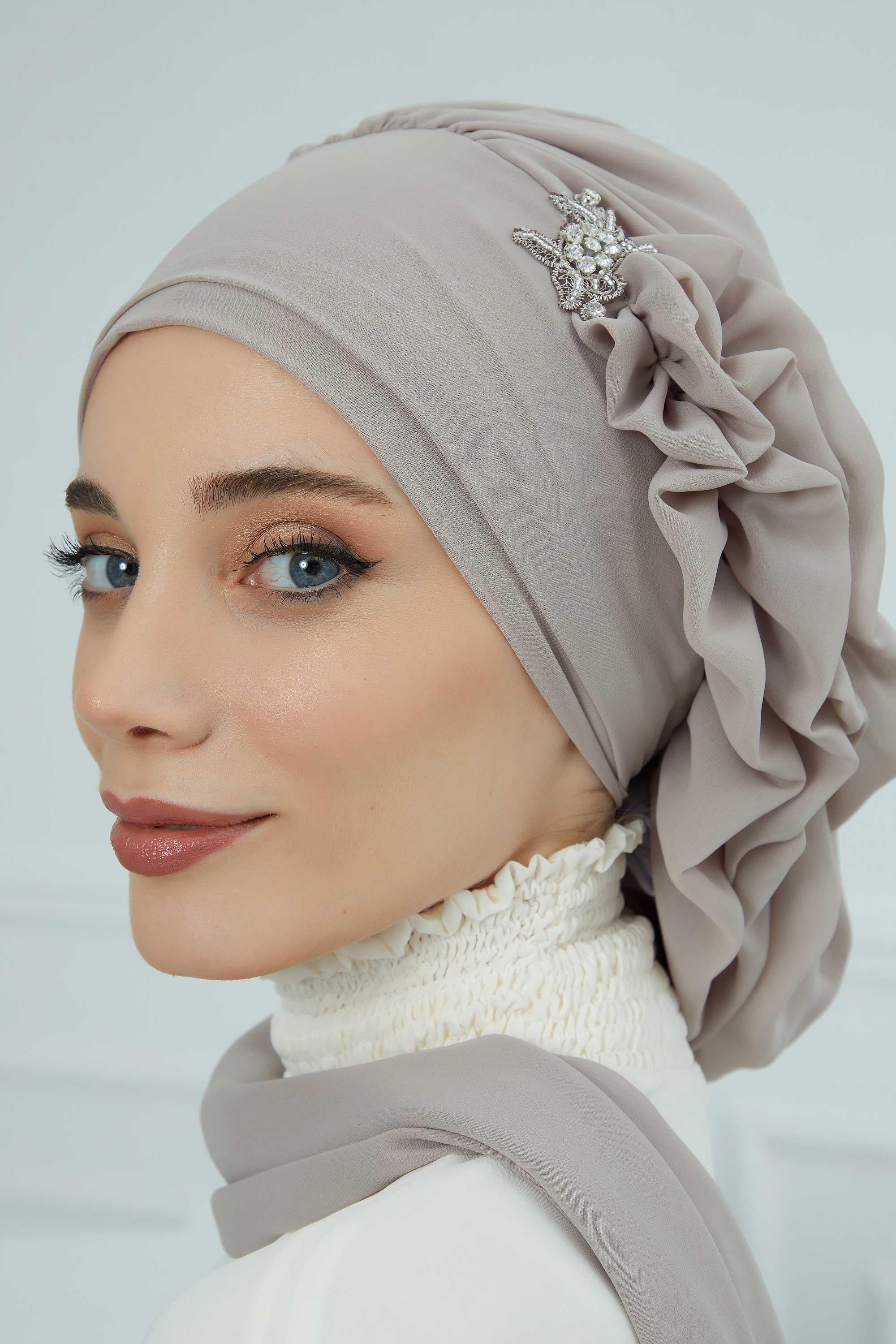 Elegant Chiffon Instant Turban with Sparkle Brooch, Pre-Tied Modest Headwrap for Women, Stylish Hijab Cap with Side Ruffle,HT-106 Mink