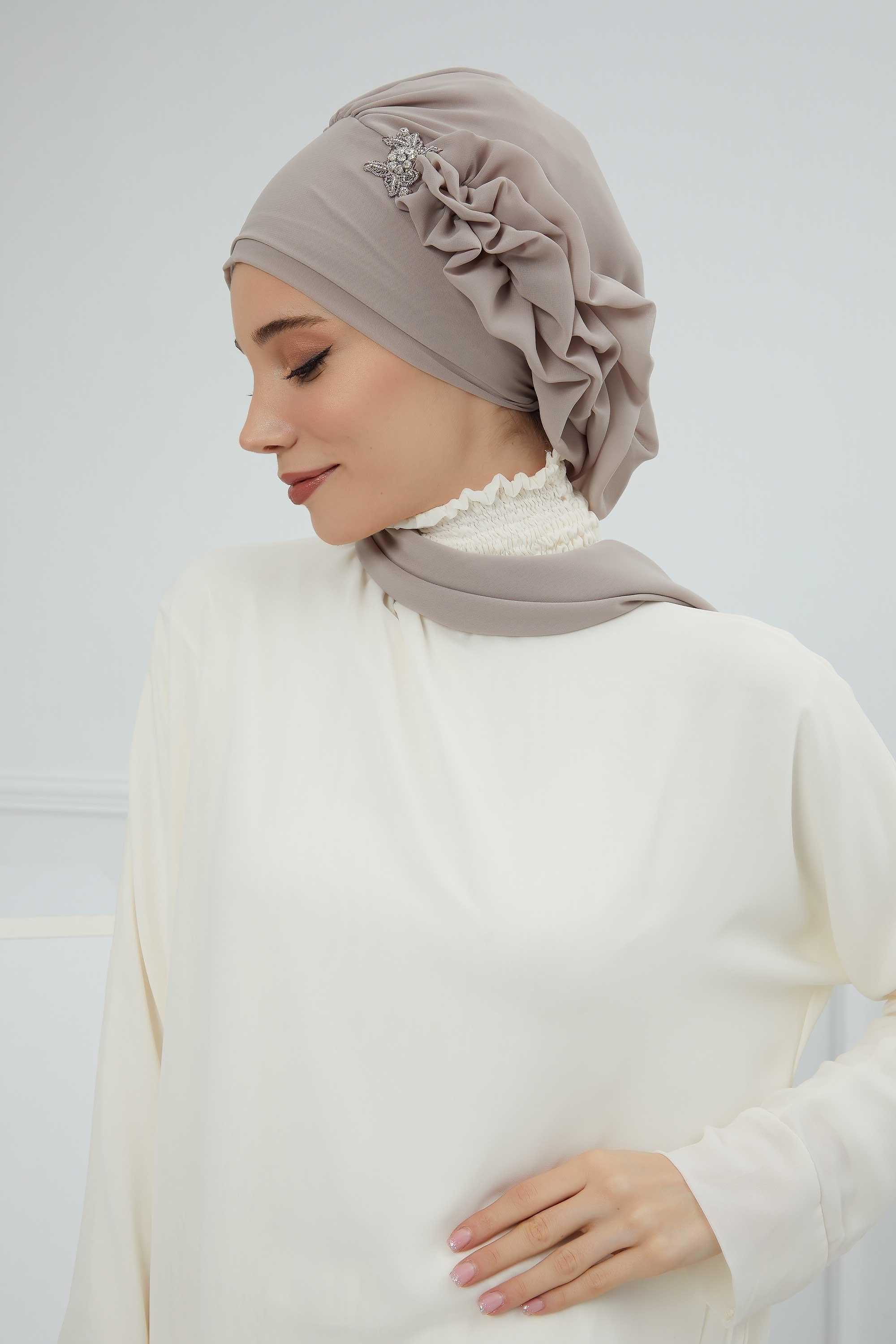 Elegant Chiffon Instant Turban with Sparkle Brooch, Pre-Tied Modest Headwrap for Women, Stylish Hijab Cap with Side Ruffle,HT-106 Mink