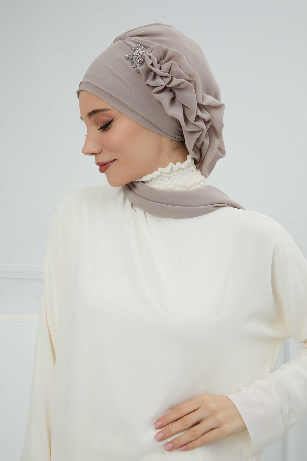Elegant Chiffon Instant Turban with Sparkle Brooch, Pre-Tied Modest Headwrap for Women, Stylish Hijab Cap with Side Ruffle,HT-106 Mink